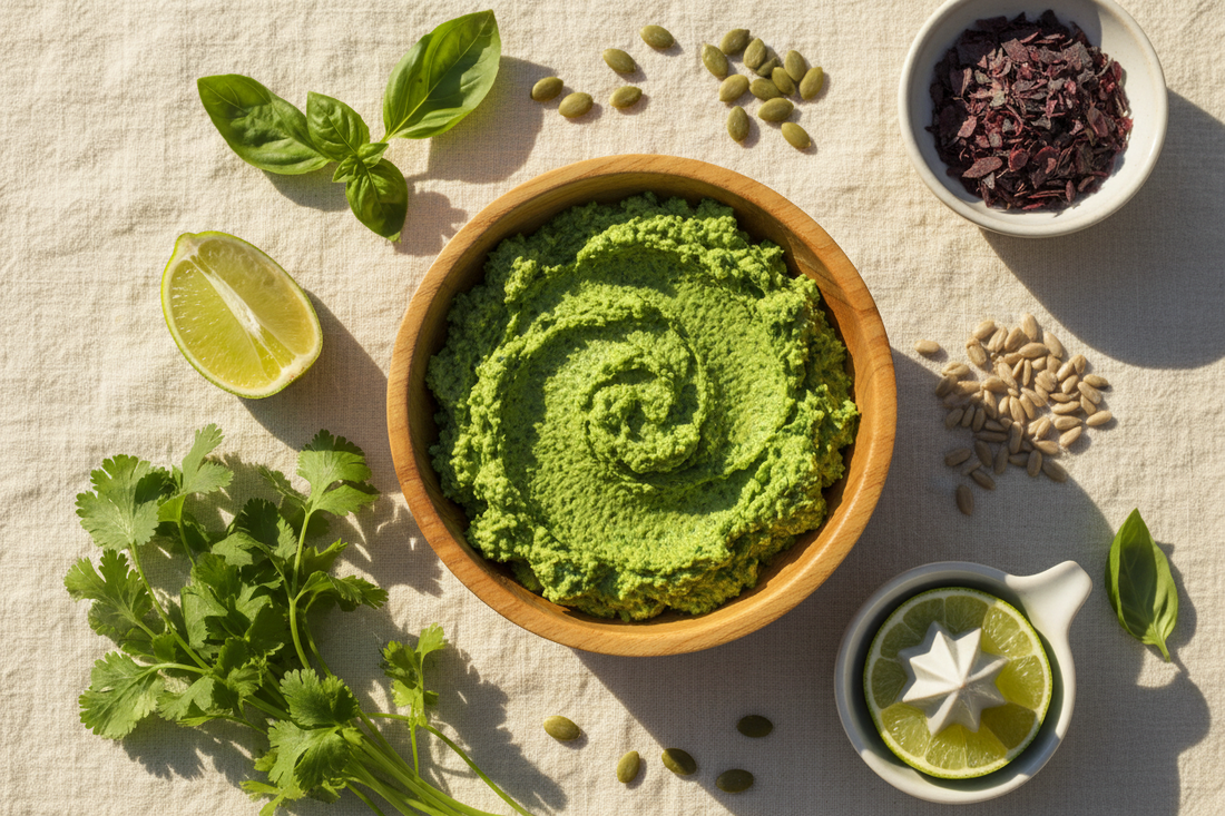 Heavy Metal Detox Cilantro "Cheese": A Raw, Blended Herb Spread with Pumpkin Seeds, Dulse & Lime — Serves 6–8