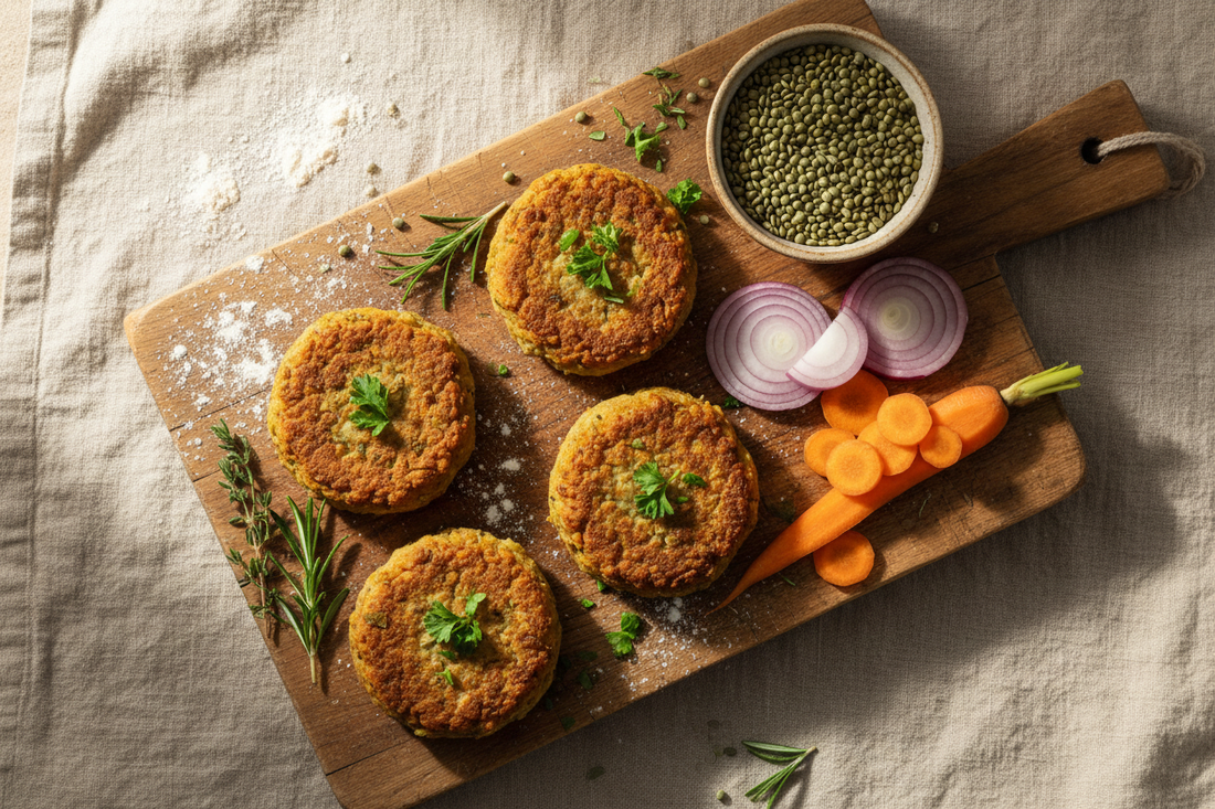 Lentil Burgers: A Hearty, Herb-Seasoned Plant-Based Patty with Spelt Flour & Miso