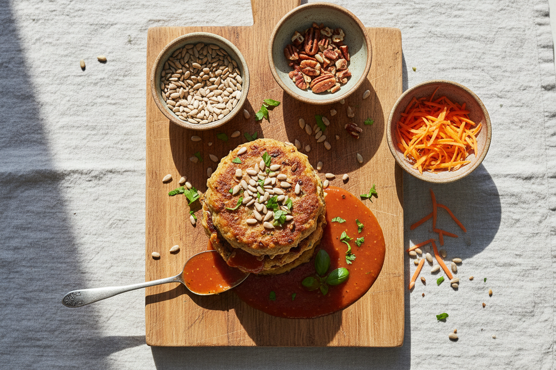 Sunflower Burgers: A Pecan-Sunflower Seed Patty with Tofu, Carrot & Spelt Flour — Yields 30