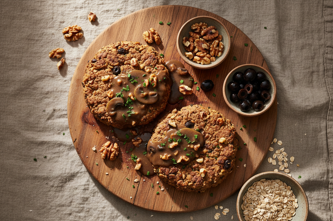 Walnut Olive Burgers: A Three-Blend, Herb-Seasoned Patty with Rolled Oats — Yields 14