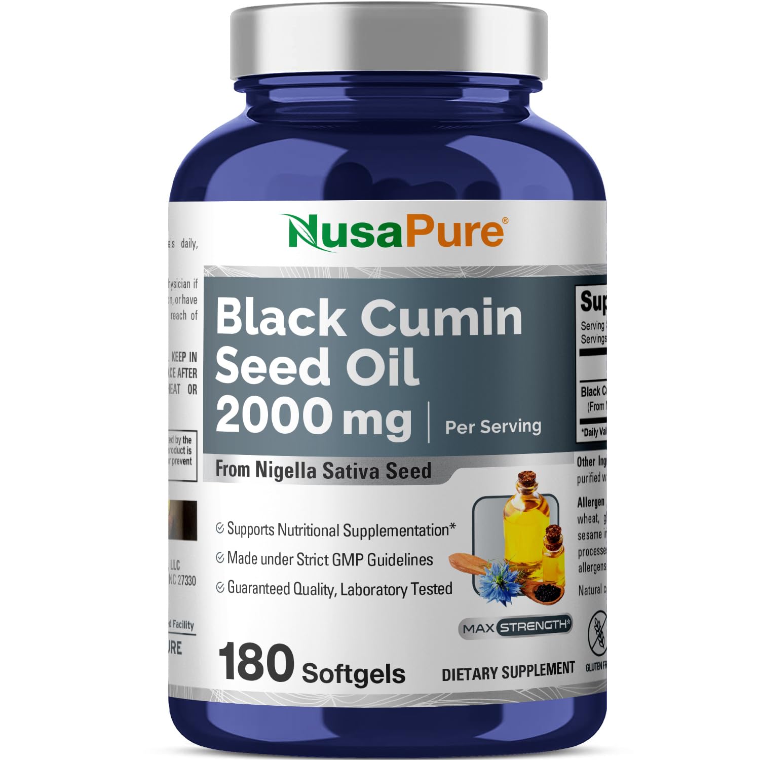 NusaPure Black Seed Oil 2000mg per Serving - 180 Softgel Caps (Non-GMO, Gluten-Free) Cold-Pressed Nigella Sativa
