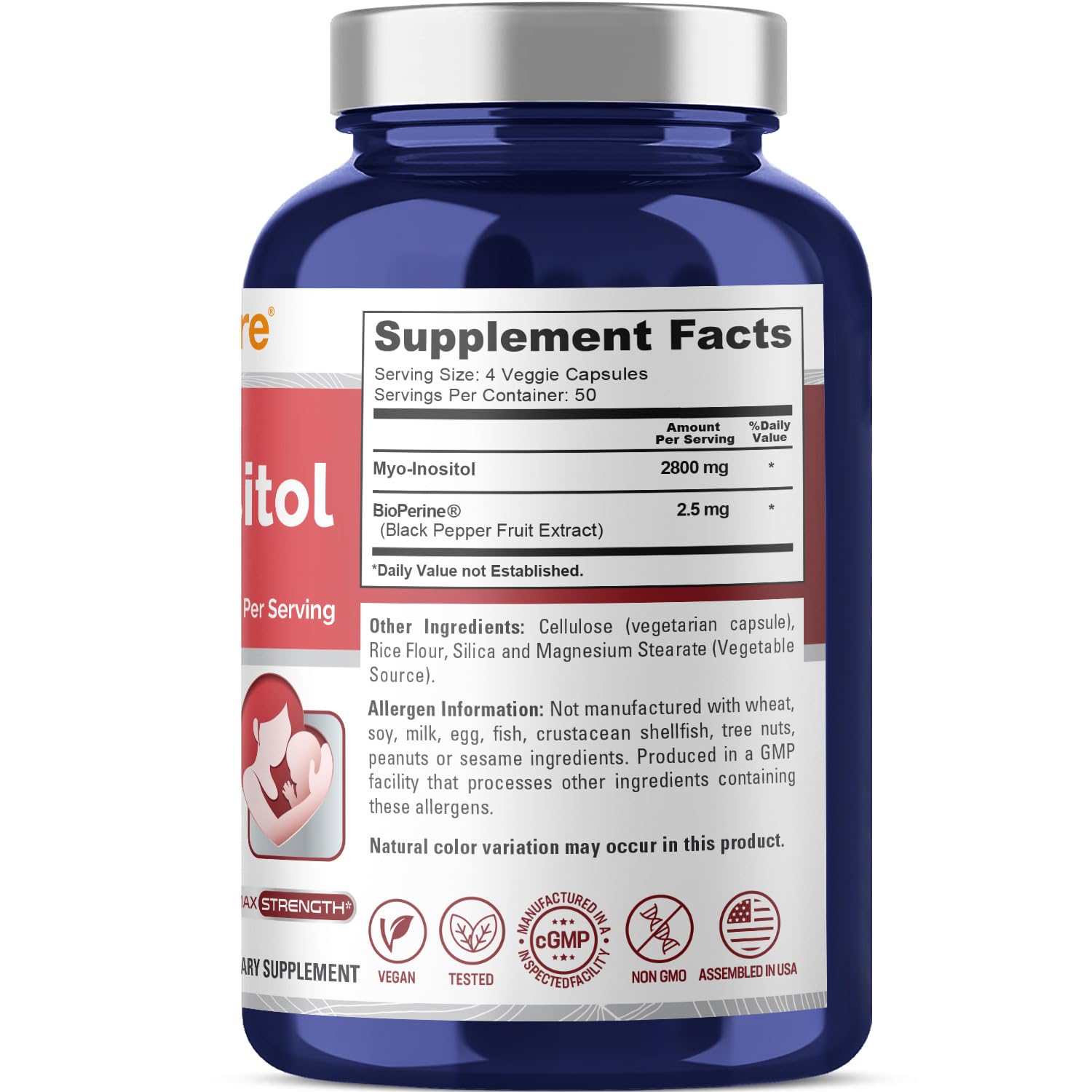 NusaPure Myo-Inositol - Suitable for Vegetarian/Vegan, Non - GMO - 2800mg, 200 Capsules