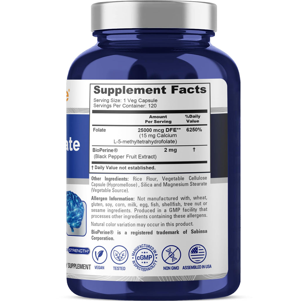 NusaPure L Methylfolate 15mg, 120 Veggie Capsules, Bioperine & Vegan