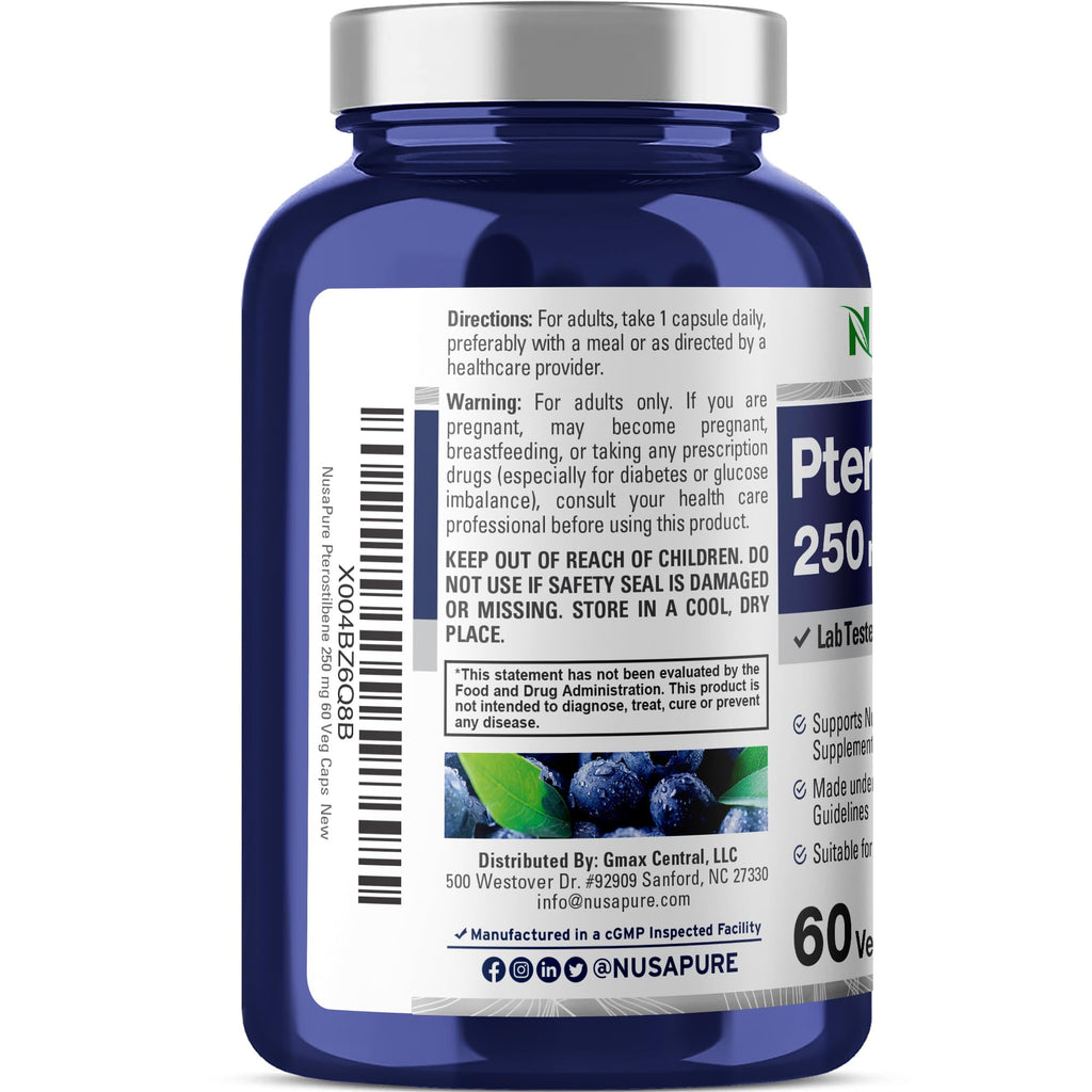 NusaPure Pterostilbene - Suitable for Vegetarian/Vegan, Non-GMO - 250mg - 60 Capsules