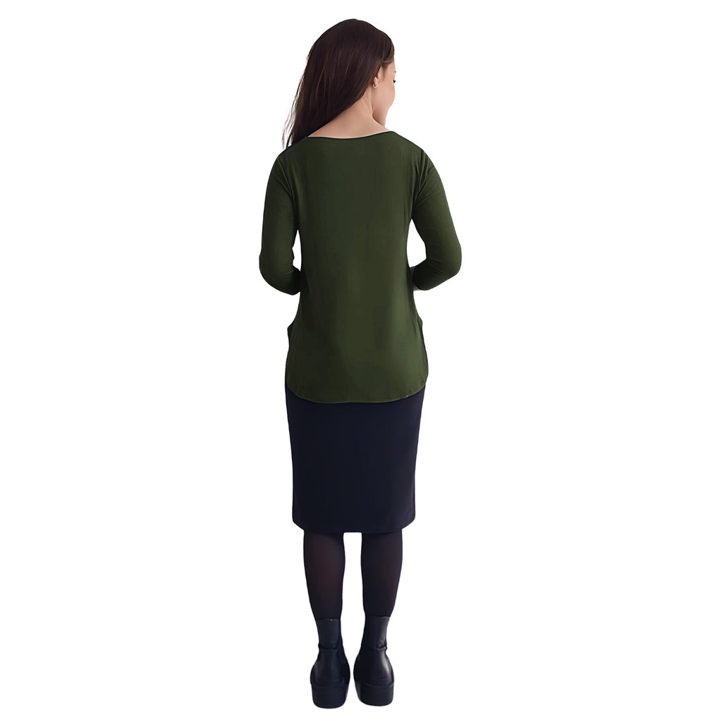 Curved Side Hem Tunic with 3/4 Sleeves and Modest Crew Neckline