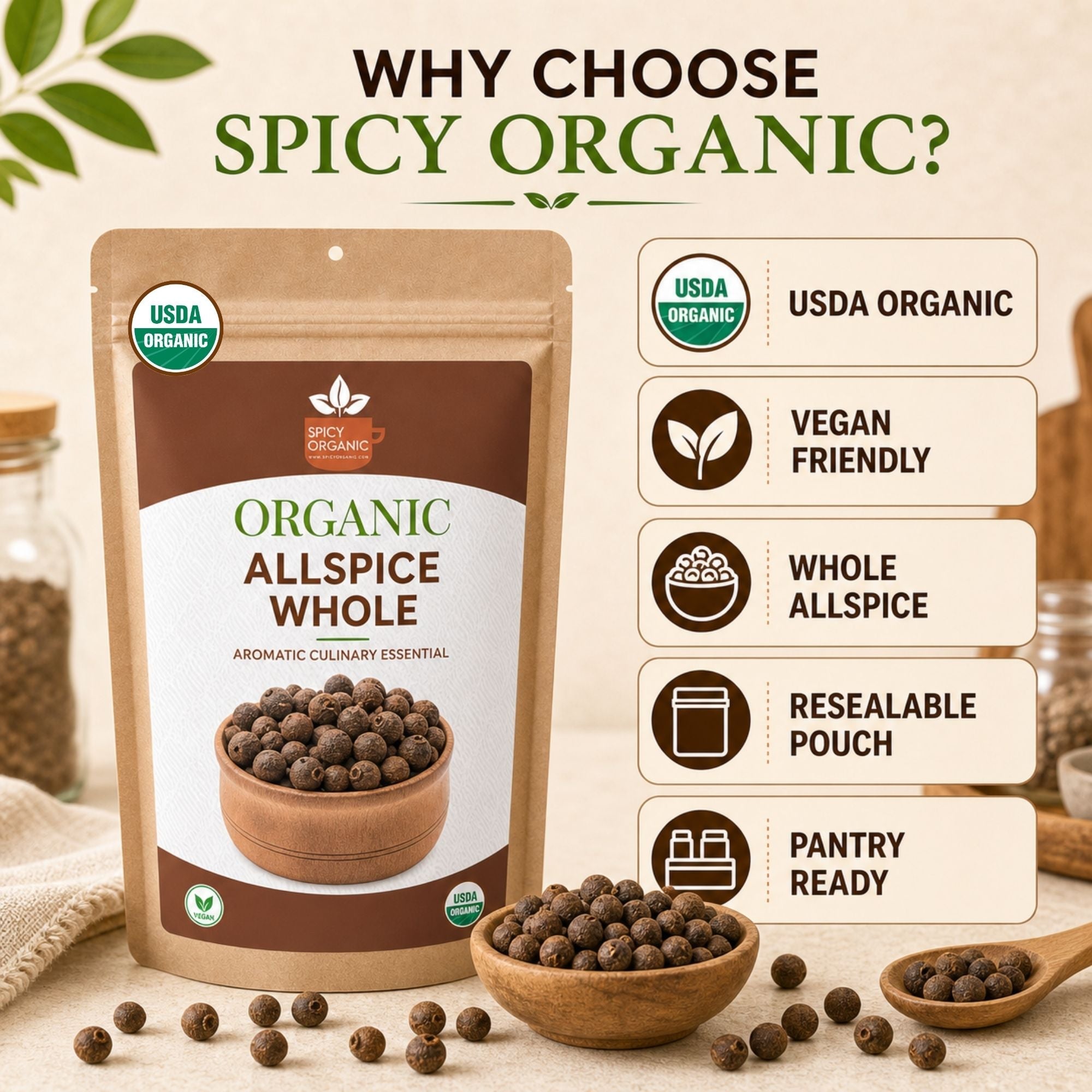 Organic Allspice Whole — USDA Certified | Pickling, Mulled Wine & Slow Cooking