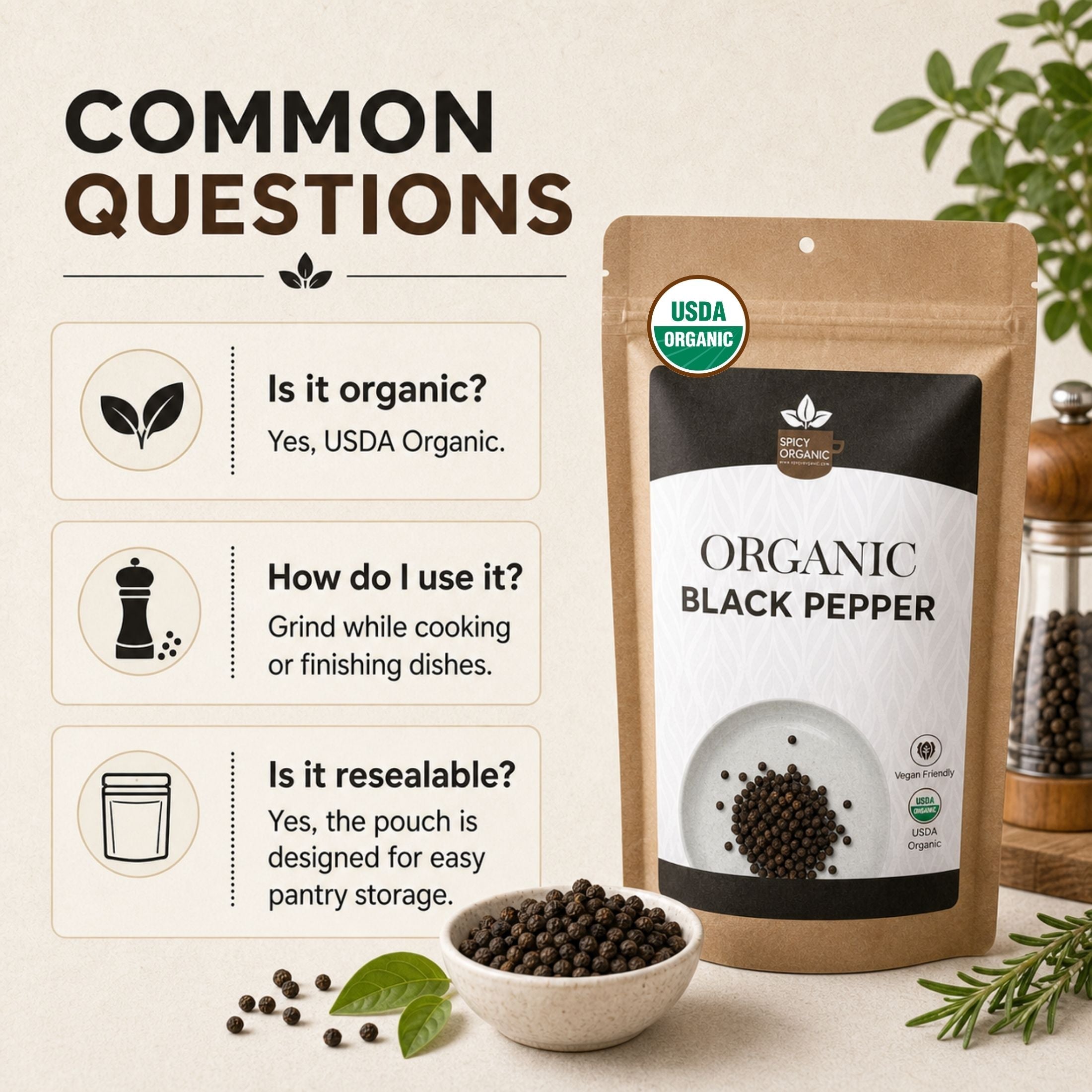 Organic Black Peppercorns – Whole, for Grinding & Marinades