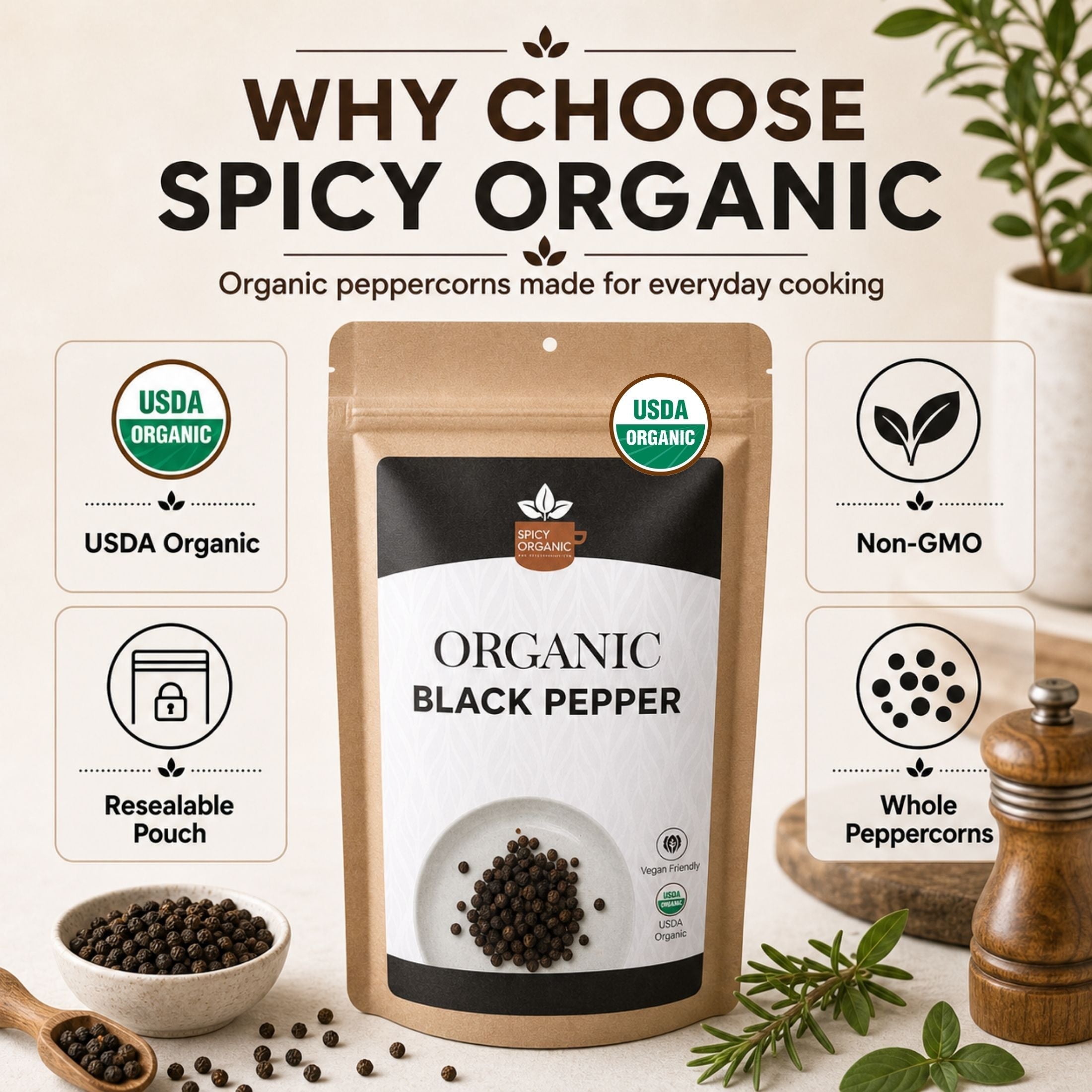 Organic Black Peppercorns – Whole, for Grinding & Marinades