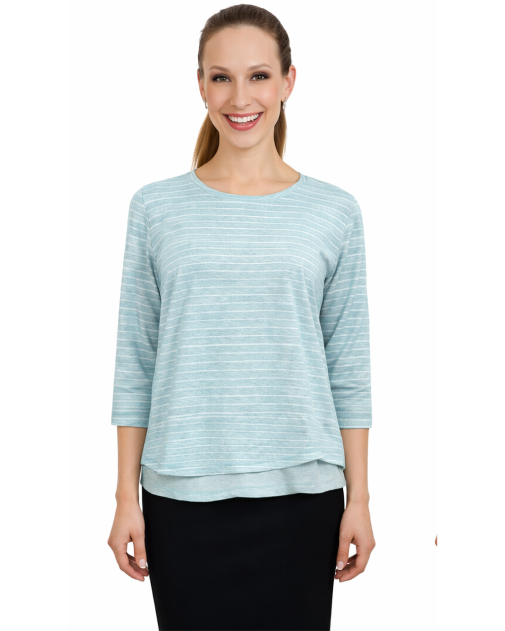 3/4 Sleeve Modest Striped Rib Knit Top with Solid Panel - Hip Length Casual Comfort