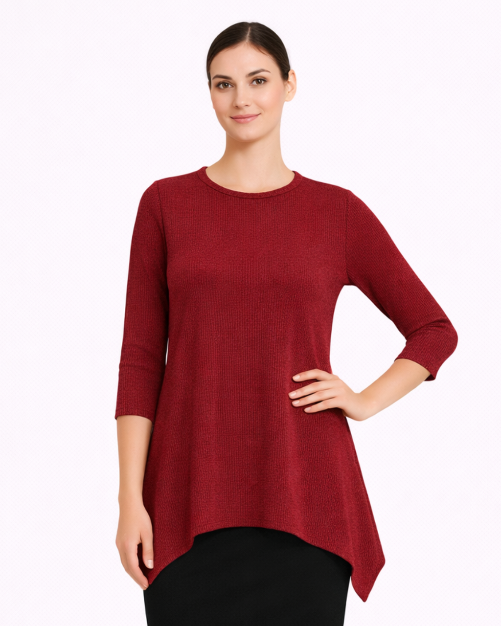 Modest Handkerchief Tunic Top - 3/4 Sleeve Comfort Flow Design - Solid Colors