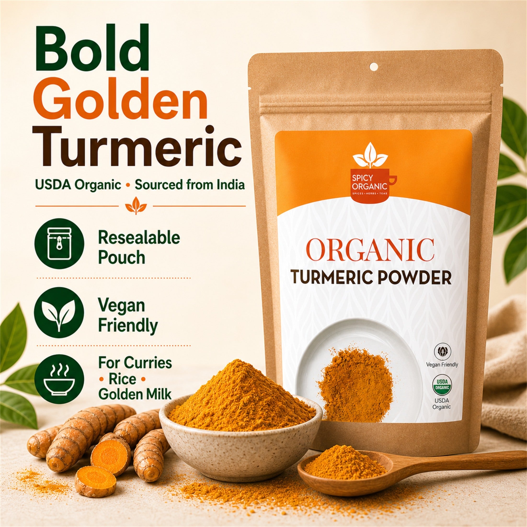 Organic Turmeric Powder — USDA Certified, Non-GMO | Golden Milk, Curries & Spice Blends