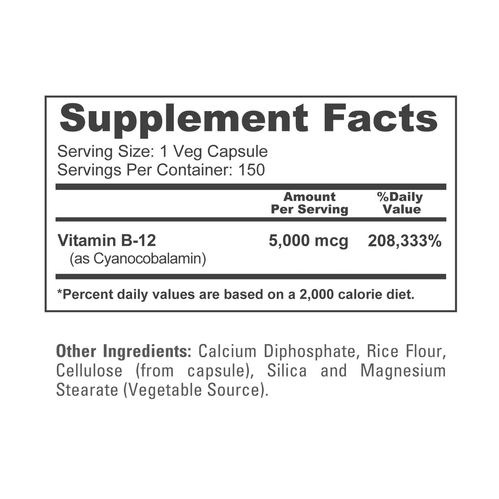 NusaPure Vitamin B12-5000 MCG 150 Veggie Capsules (Non-GMO, Vegan) - Max Strength Vitamin B12