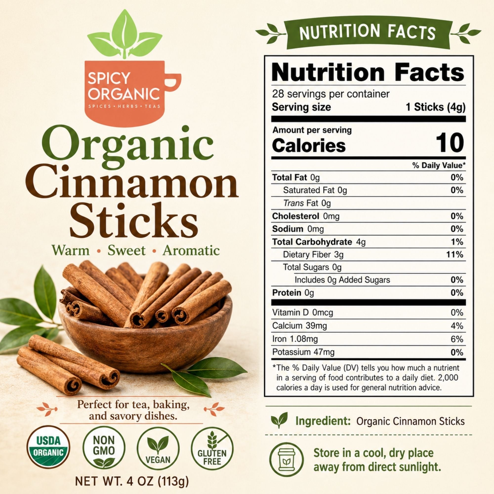 Organic Cassia Cinnamon Sticks — USDA Certified | Chai, Mulled Wine & Baking