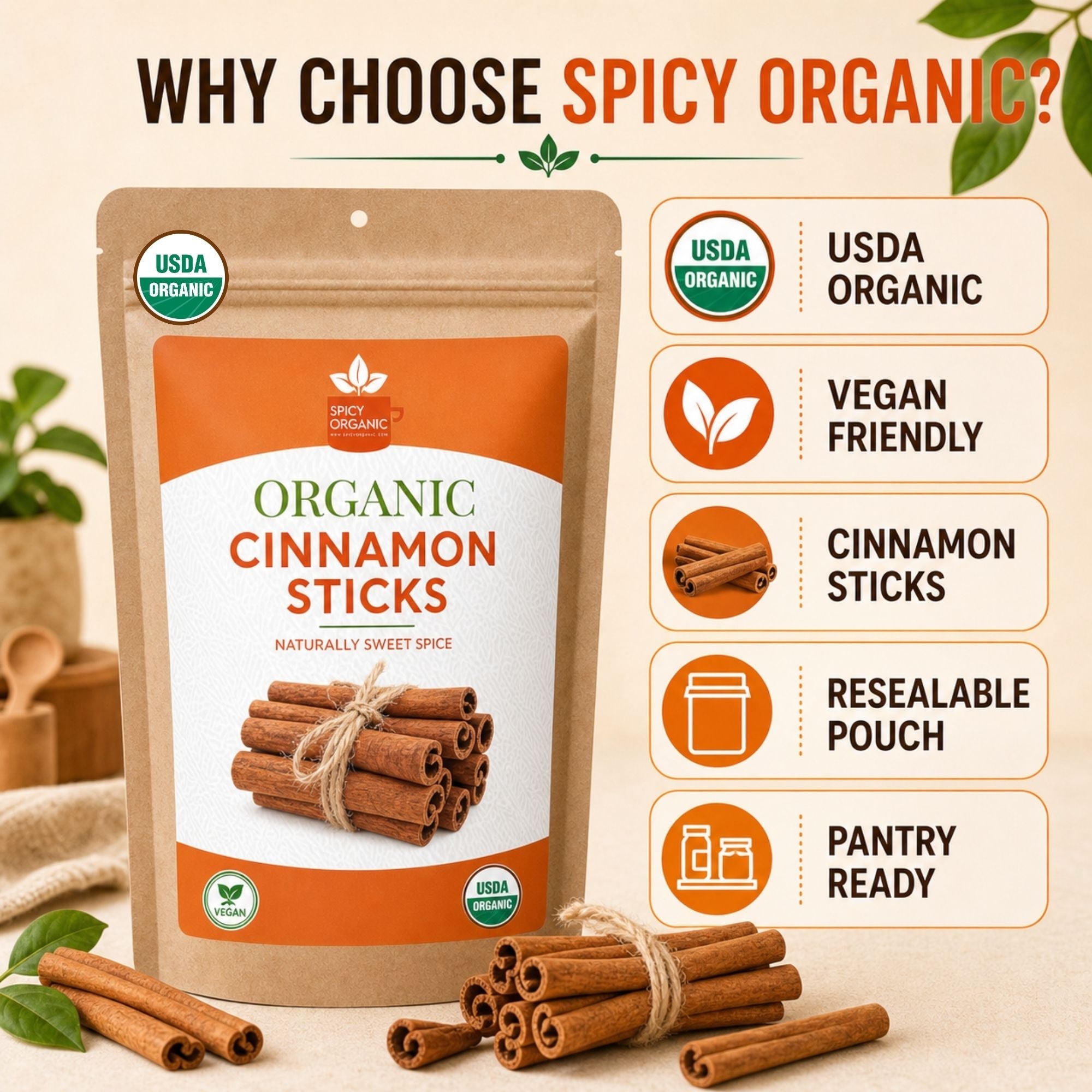 Organic Cassia Cinnamon Sticks — USDA Certified | Chai, Mulled Wine & Baking