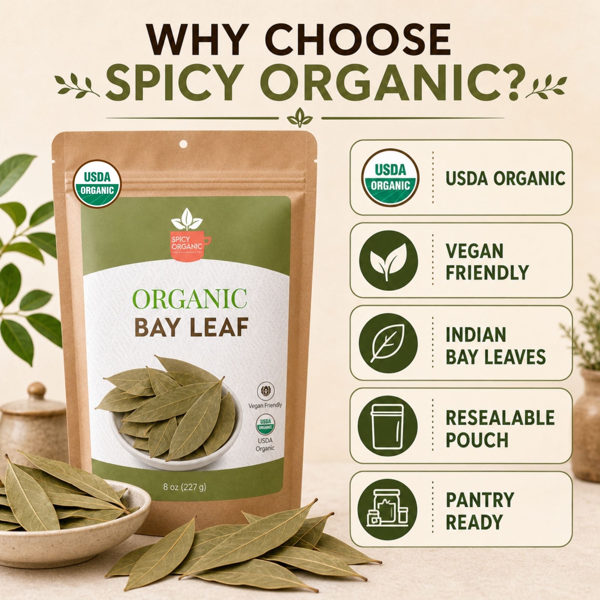 Organic Bay Leaves — USDA Certified, Non-GMO | Soups, Slow Cooking & Pickling Brines