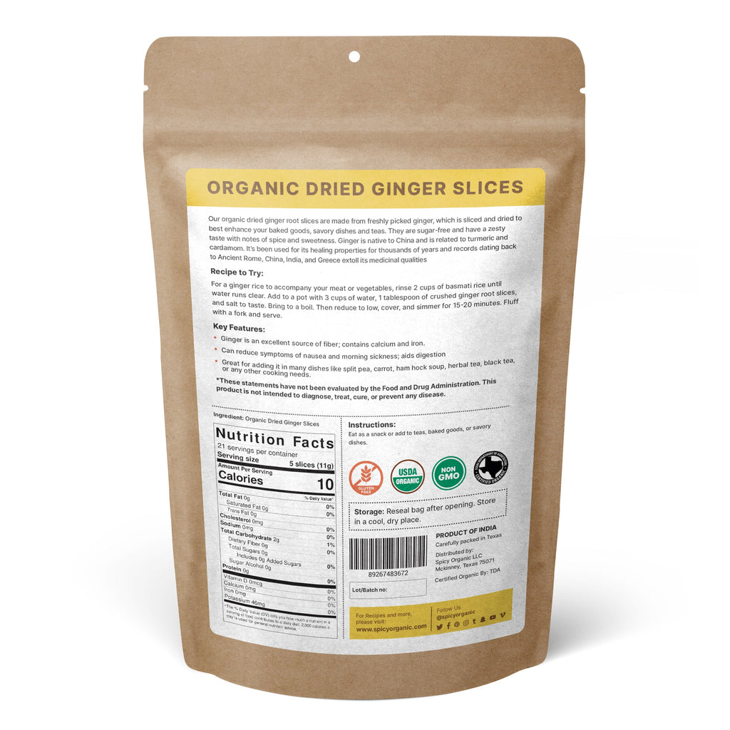 Organic Dried Ginger Slices – USDA Certified Organic Ginger Root for Tea & Cooking