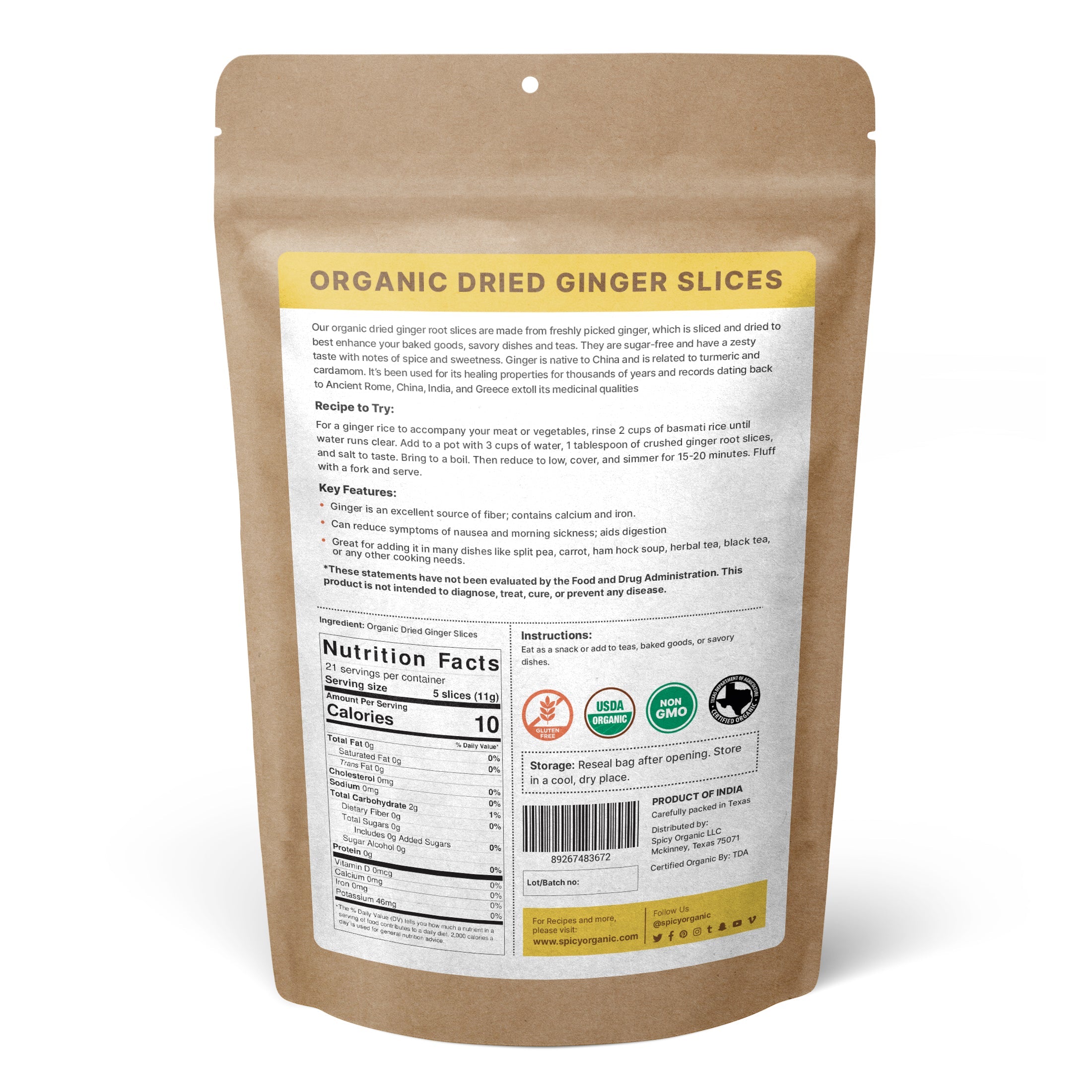 Organic Dried Ginger Slices – USDA Certified Organic Ginger Root for Tea & Cooking
