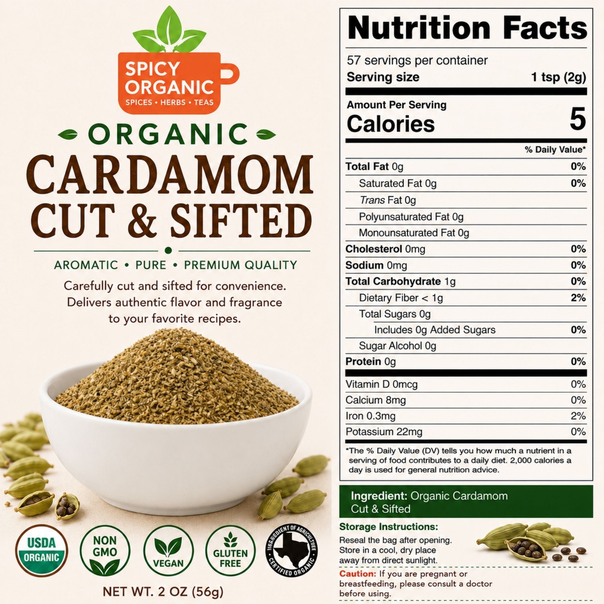 Organic Cardamom Cut and Sift — USDA Certified | Chai, Tea Blends & Herbal Infusions