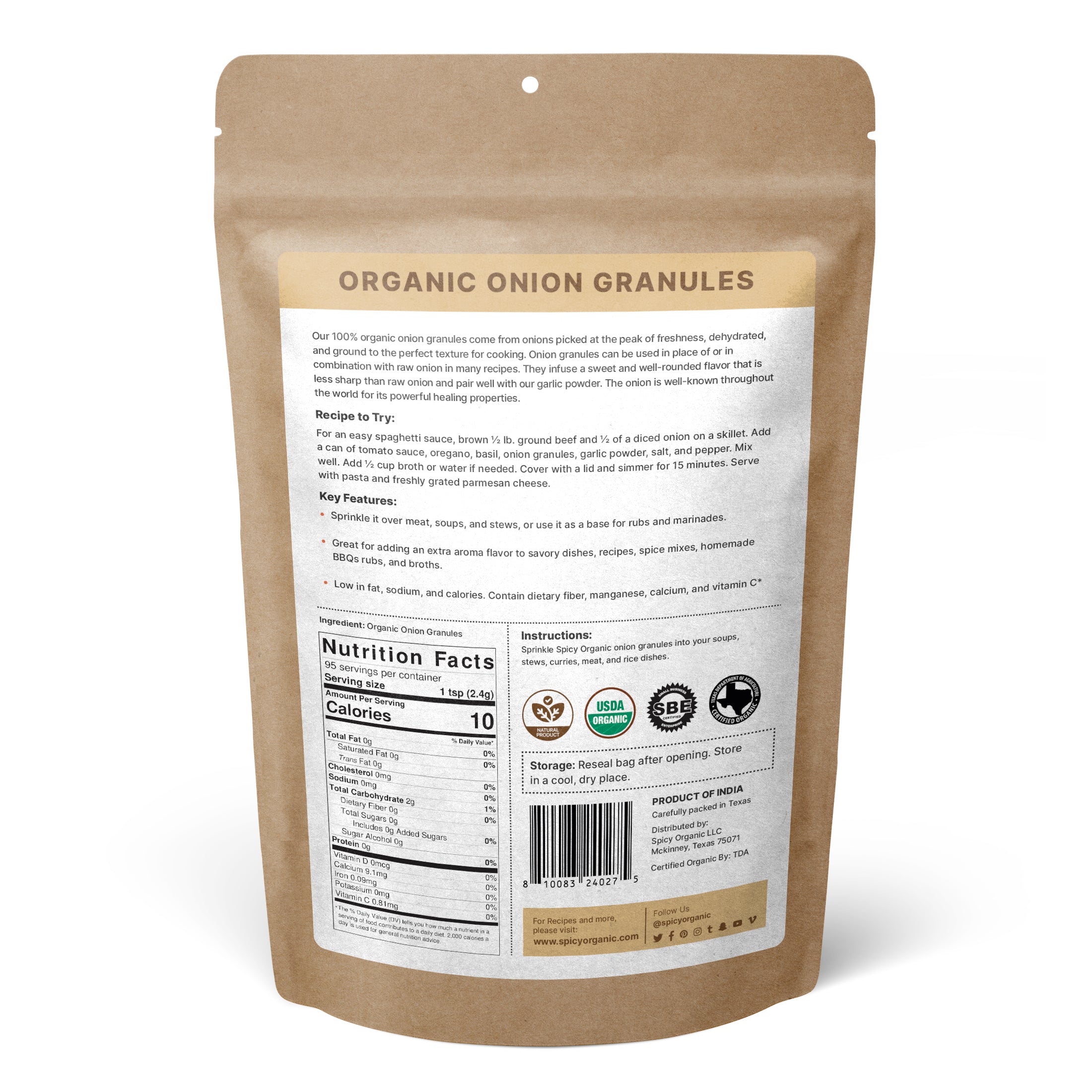 Organic Onion Granules — USDA Certified, Non-GMO | Marinades, Slow Cooking & Spice Rubs