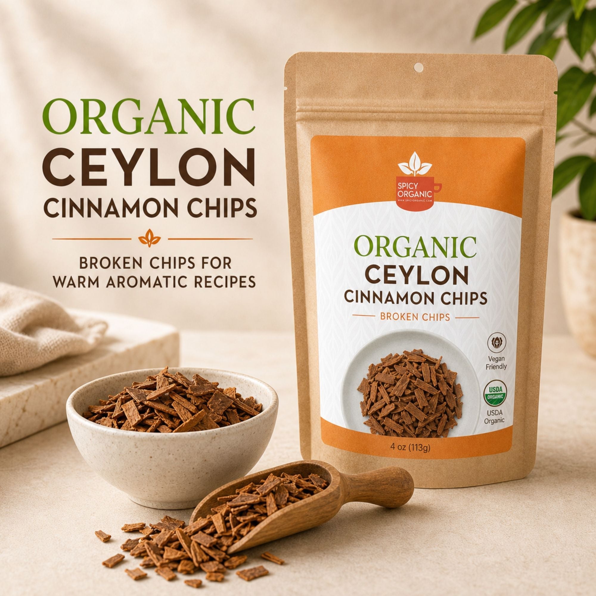 Organic Ceylon Cinnamon Chips — USDA Certified | Herbal Tea, Grinding & Mulled Drinks