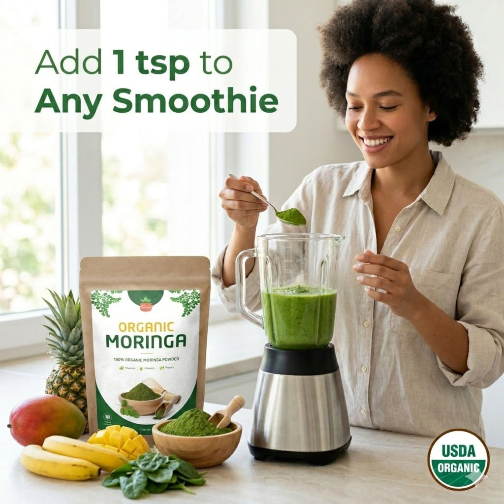 Organic Moringa Powder — USDA Certified | Smoothies, Golden Milk & Superfood Blends from India