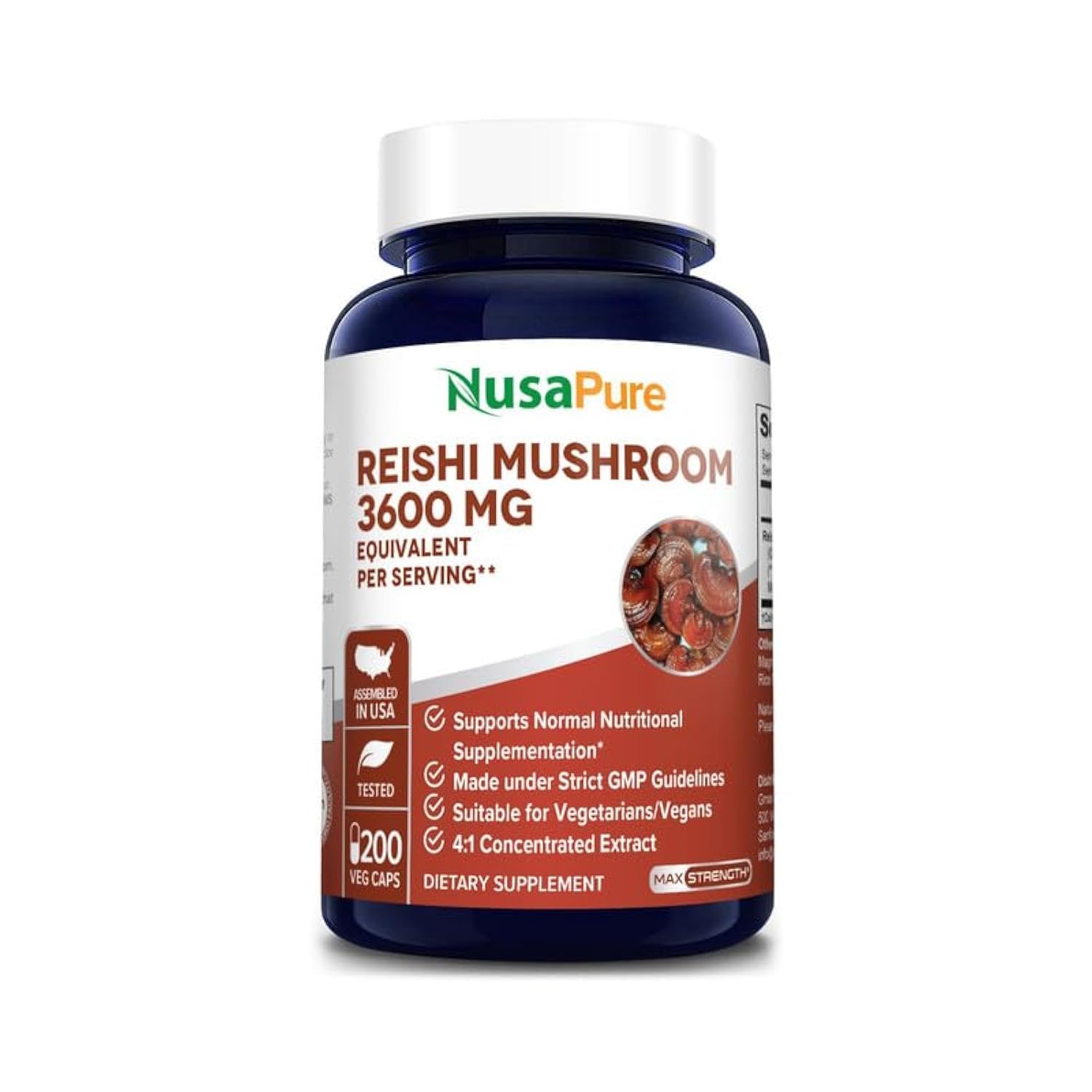 NusaPure Reishi Mushroom 4:1 Extract, 900 mg per Capsule 200 Veggie Caps Vegan, Non-GMO, Gluten-Free