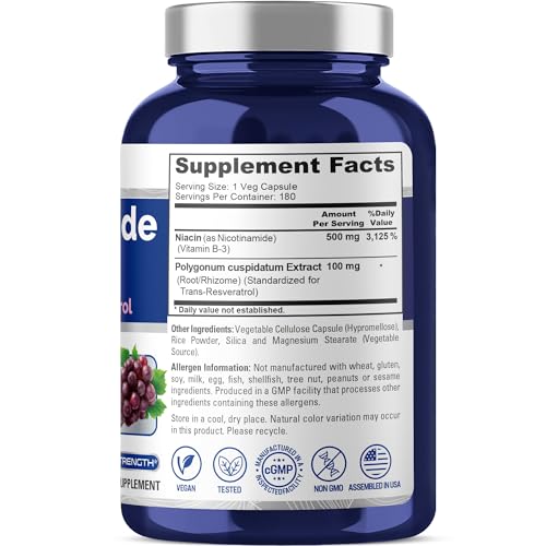 NusaPure Nicotinamide with Resveratrol (Vitamin B-3) 500 mg - 180 Vegetarian Caps (Non-GMO & Vegan)