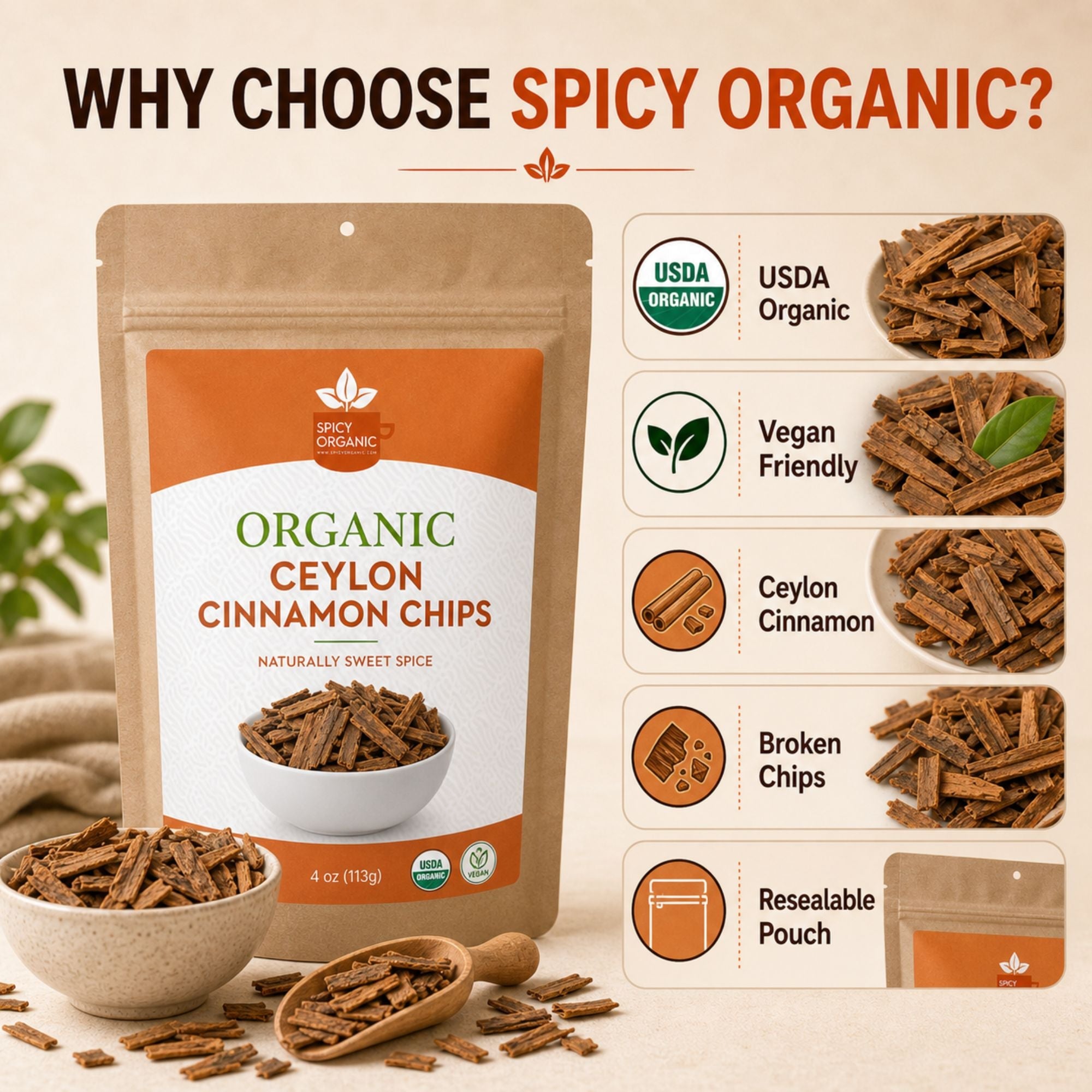 Organic Ceylon Cinnamon Chips — USDA Certified | Herbal Tea, Grinding & Mulled Drinks