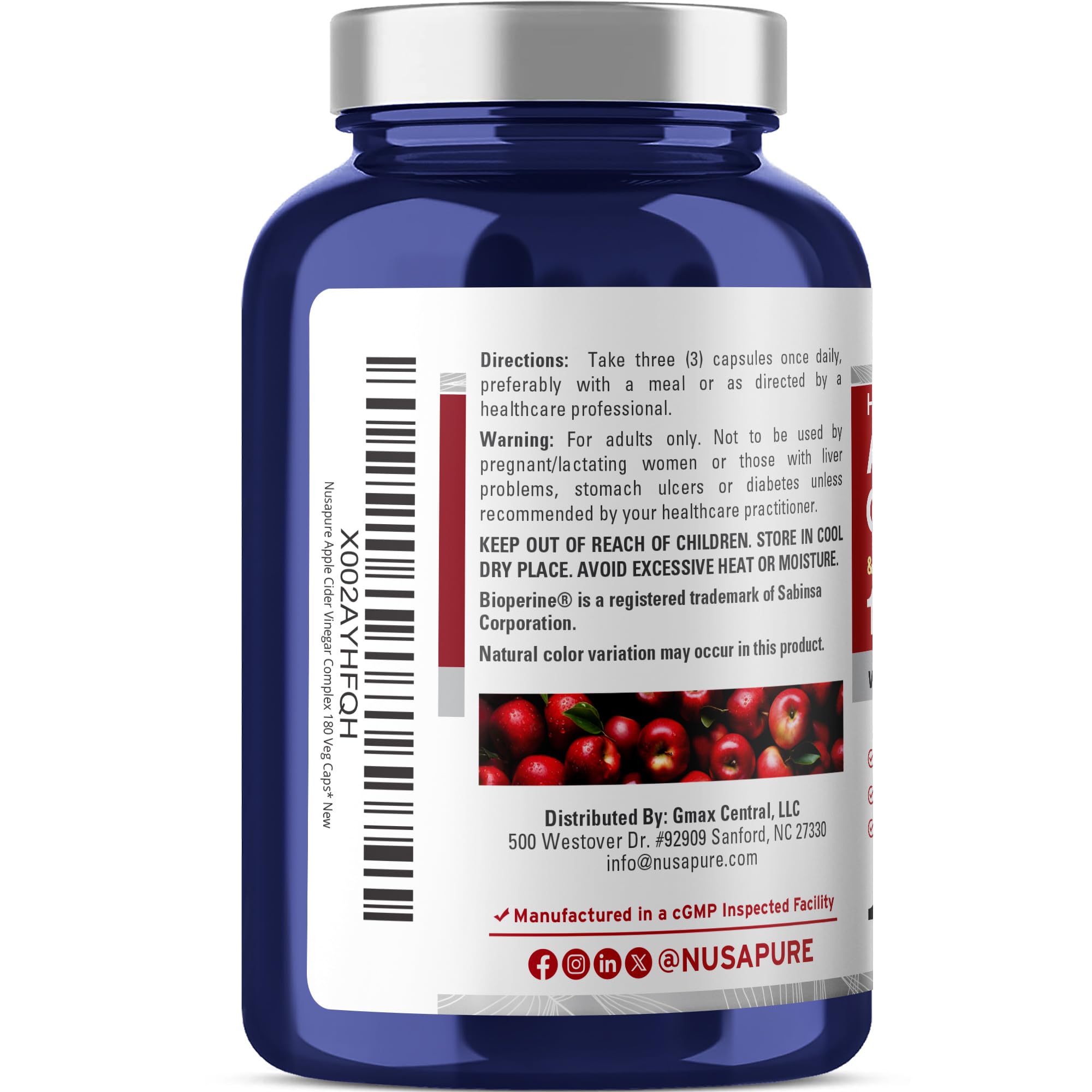 NusaPure Apple Cider Vinegar Complex 1500 mg 180 Veg Caps Suitable for Vegetarians and Vegans, Non-GMO