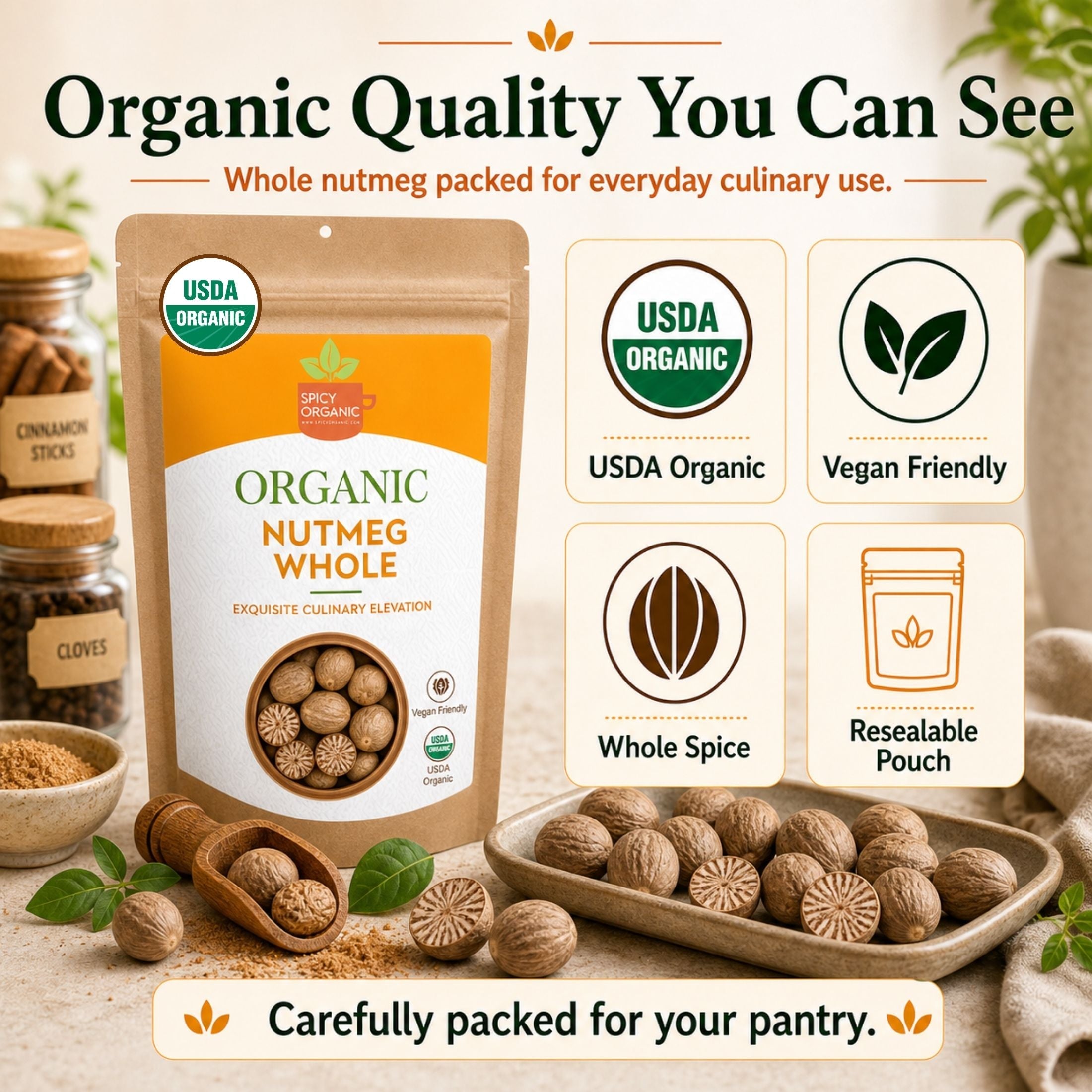 Organic Whole Nutmeg — USDA Certified | Baking, Béchamel & Spiced Beverages
