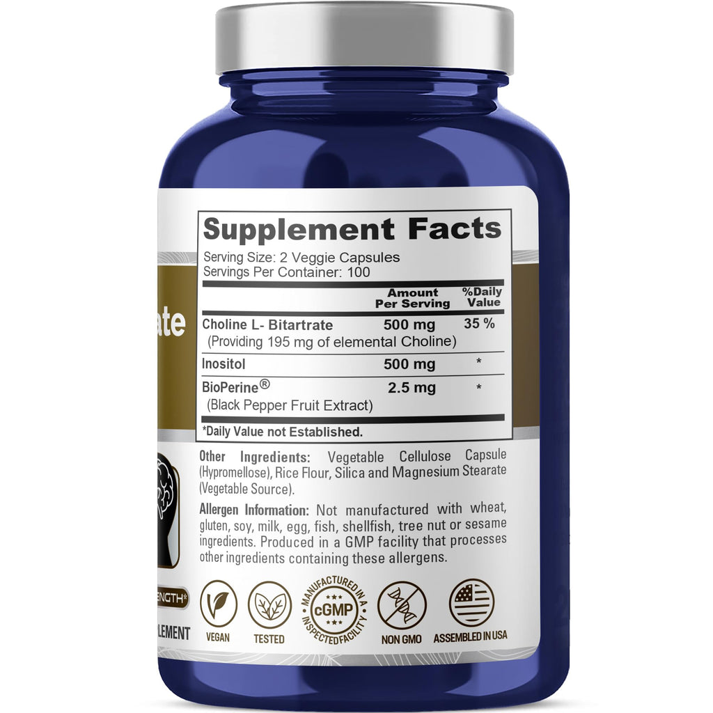 NusaPure Choline & Inositol - Suitable for Vegetarian/Vegan, Non - GMO - 1000mg - 200 Veggie Capsules