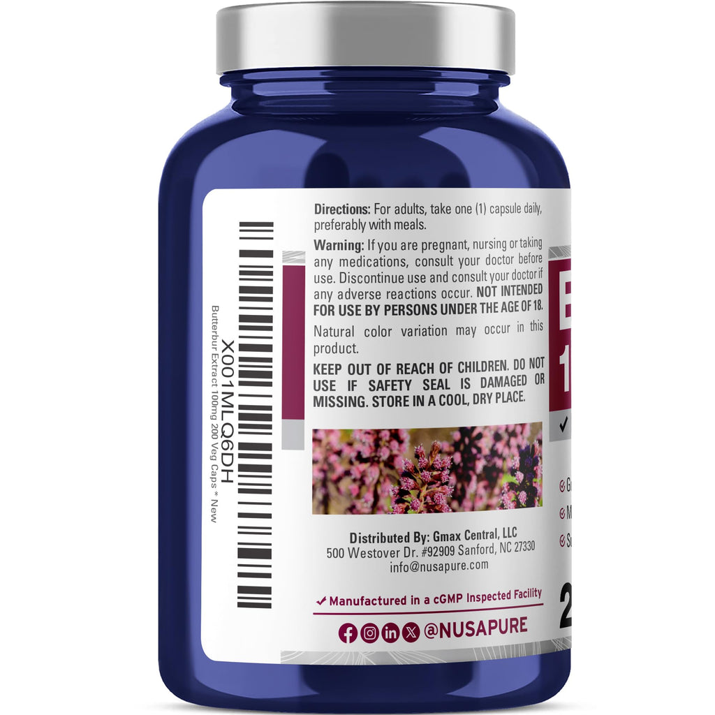 NusaPure Butterbur Extract 100mg per caps 200 Veggie Capsules (Non-GMO, Vegetarian, Vegan)