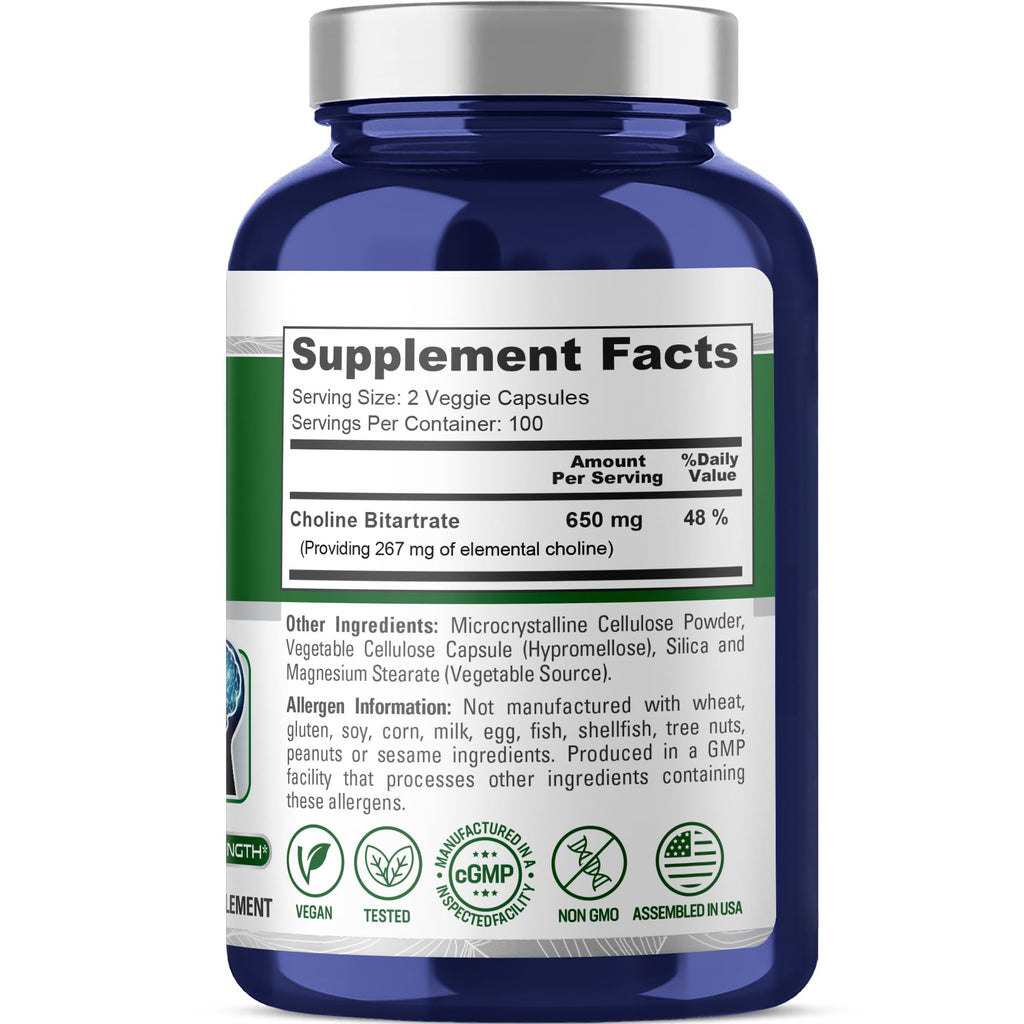 NusaPure Choline Bitartrate - Suitable for Vegetarian/Vegan, Non - GMO - 650 mg 200 Capsules
