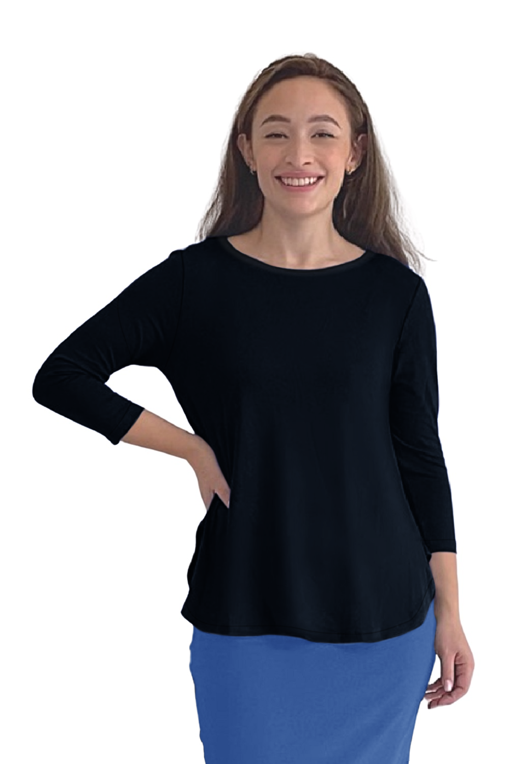 Curved Side Hem Tunic with 3/4 Sleeves and Modest Crew Neckline