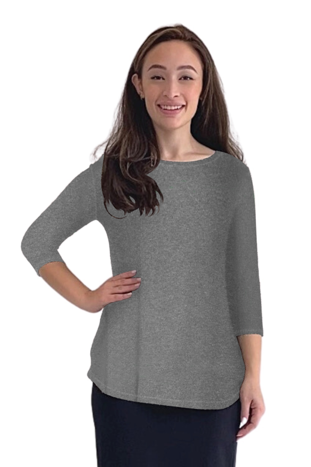 Curved Side Hem Tunic with 3/4 Sleeves and Modest Crew Neckline