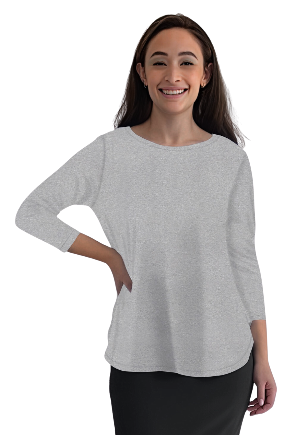 Curved Side Hem Tunic with 3/4 Sleeves and Modest Crew Neckline