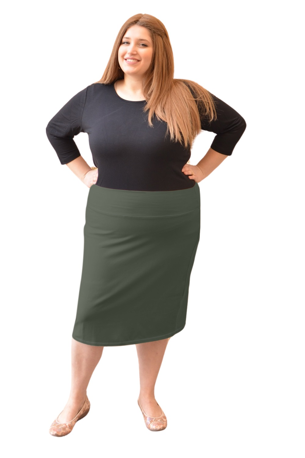 Plus Size Women's Cotton Spandex Stretch Knee-Length Pencil Skirt