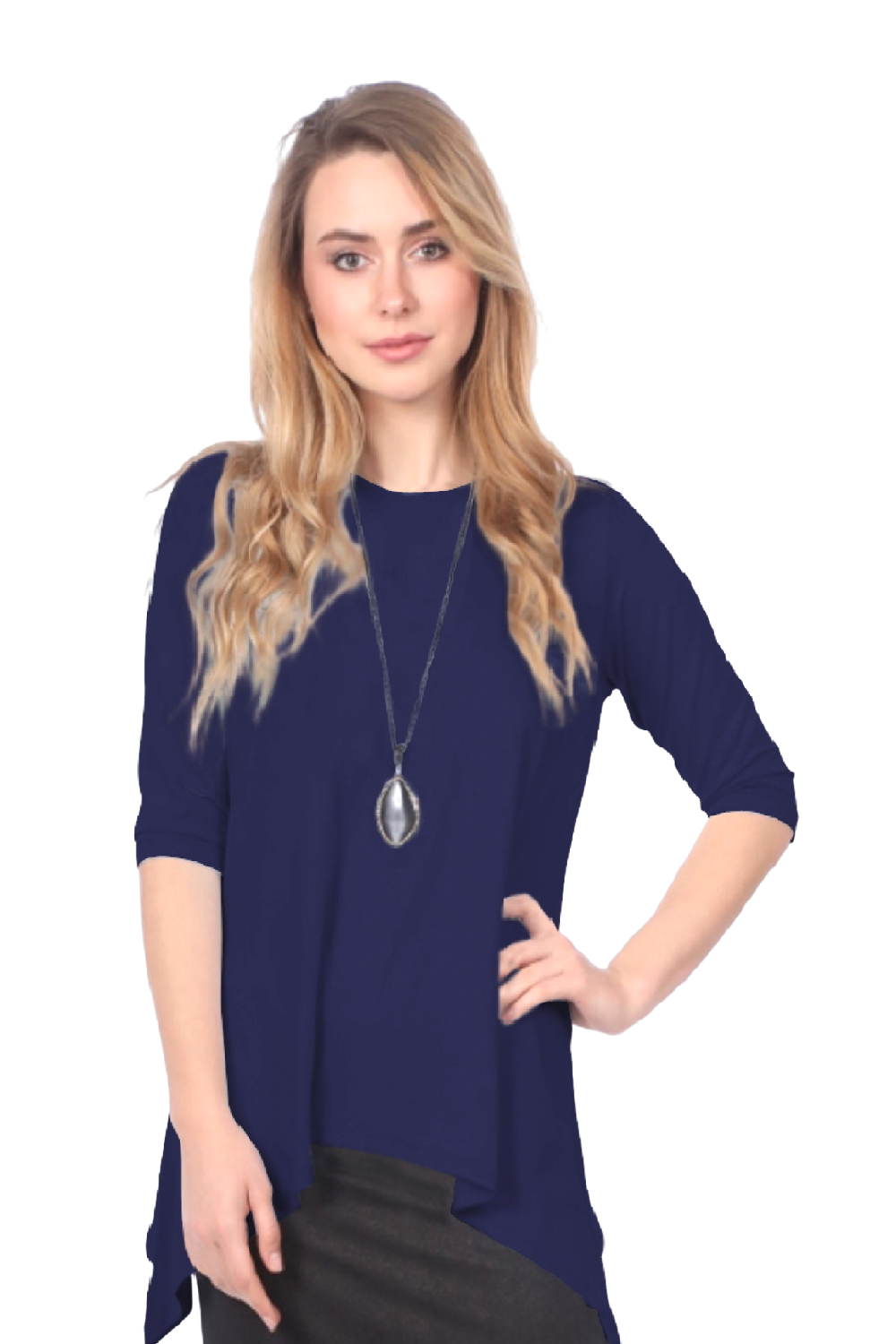 Modest Handkerchief Tunic Top - 3/4 Sleeve Comfort Flow Design - Solid Colors