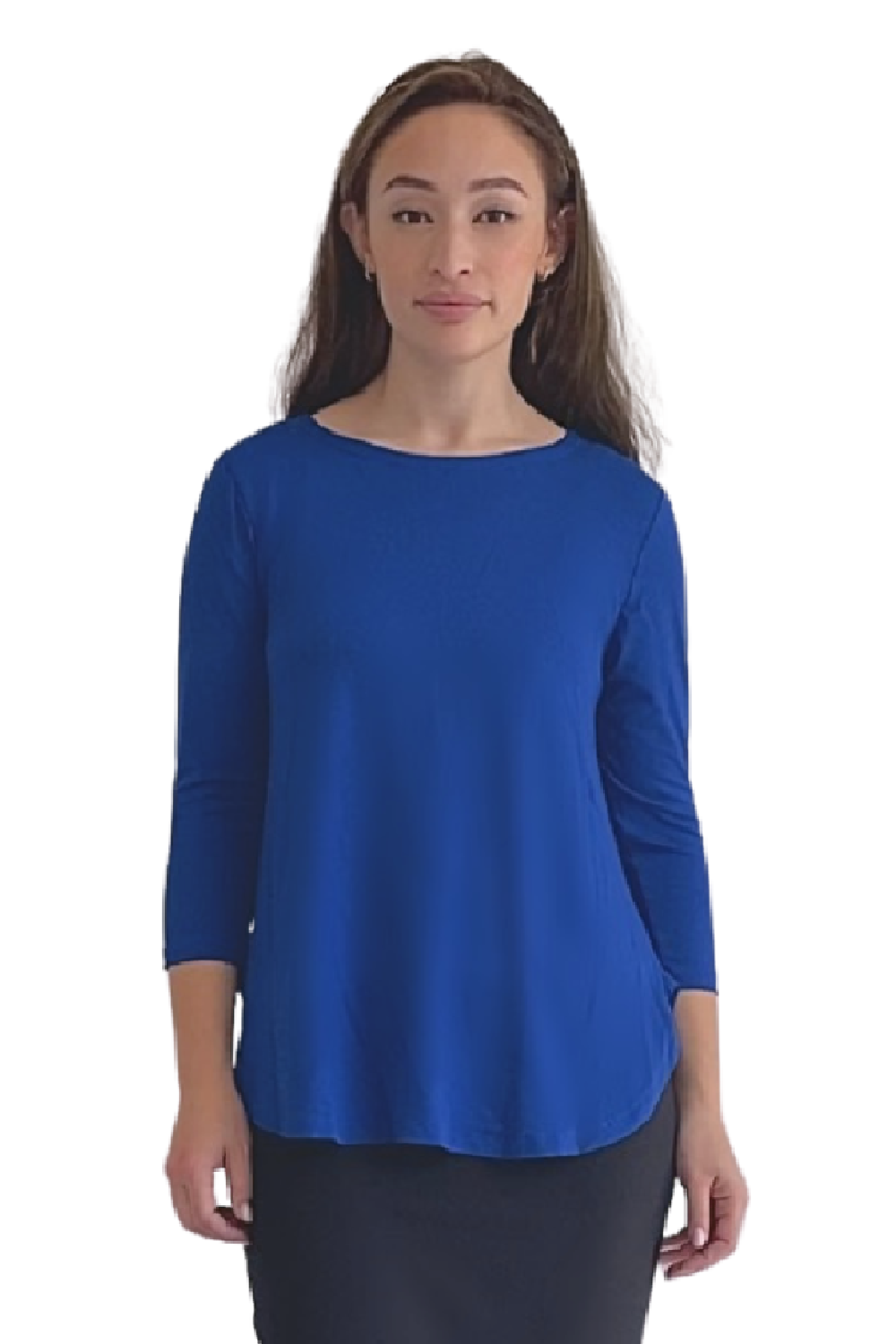 Curved Side Hem Tunic with 3/4 Sleeves and Modest Crew Neckline
