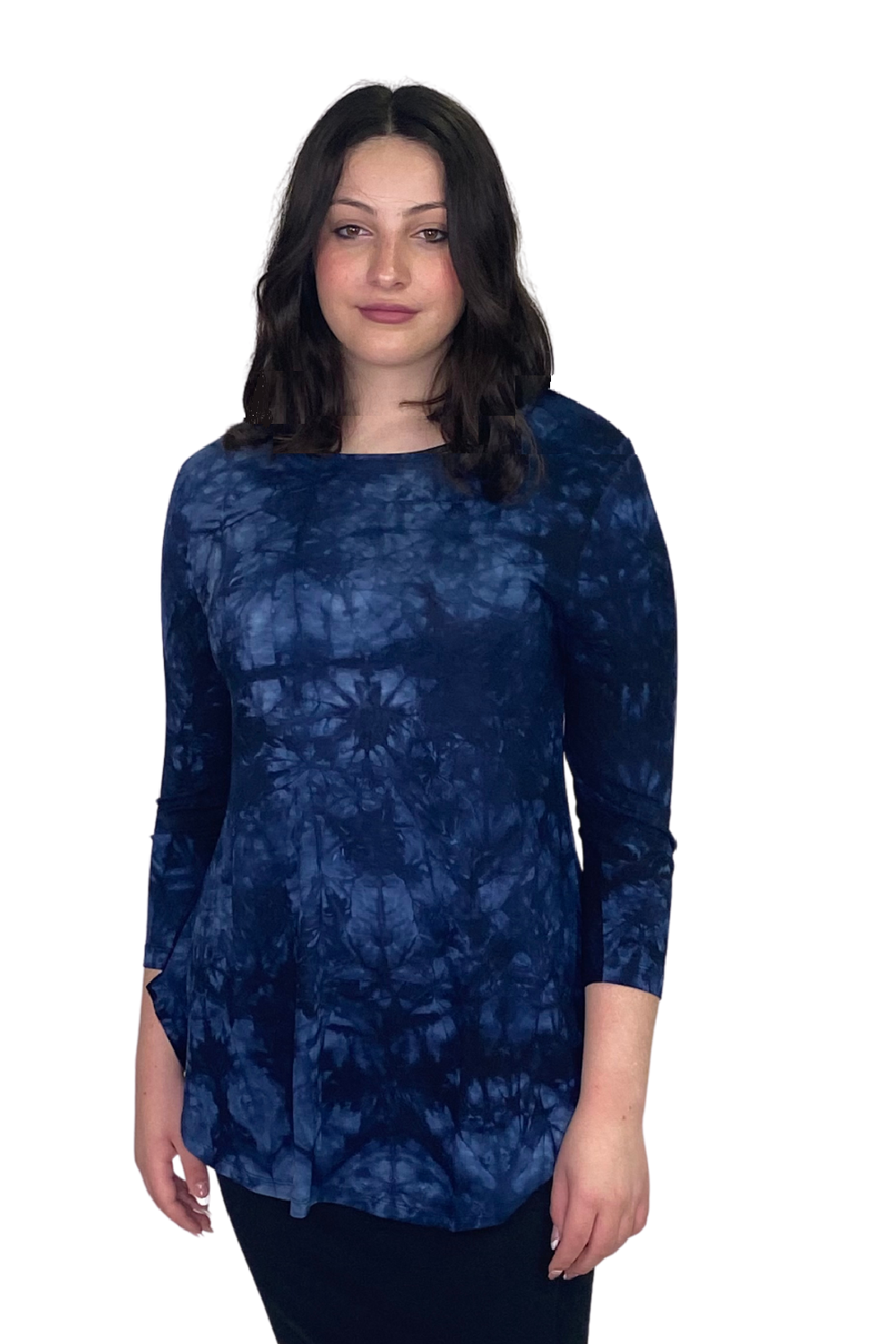 Curved Side Hem Tunic with 3/4 Sleeves and Modest Crew Neckline