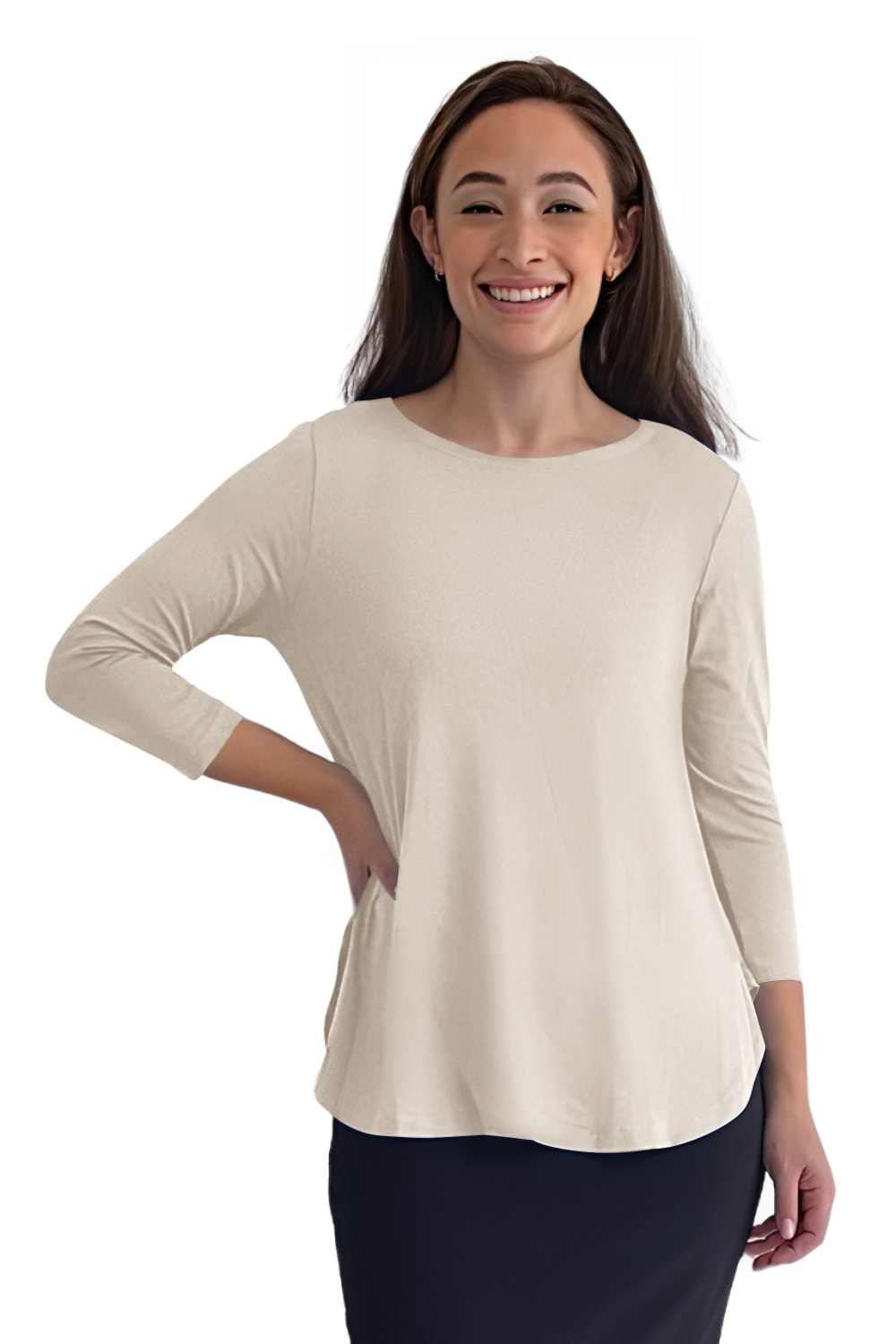 Curved Side Hem Tunic with 3/4 Sleeves and Modest Crew Neckline