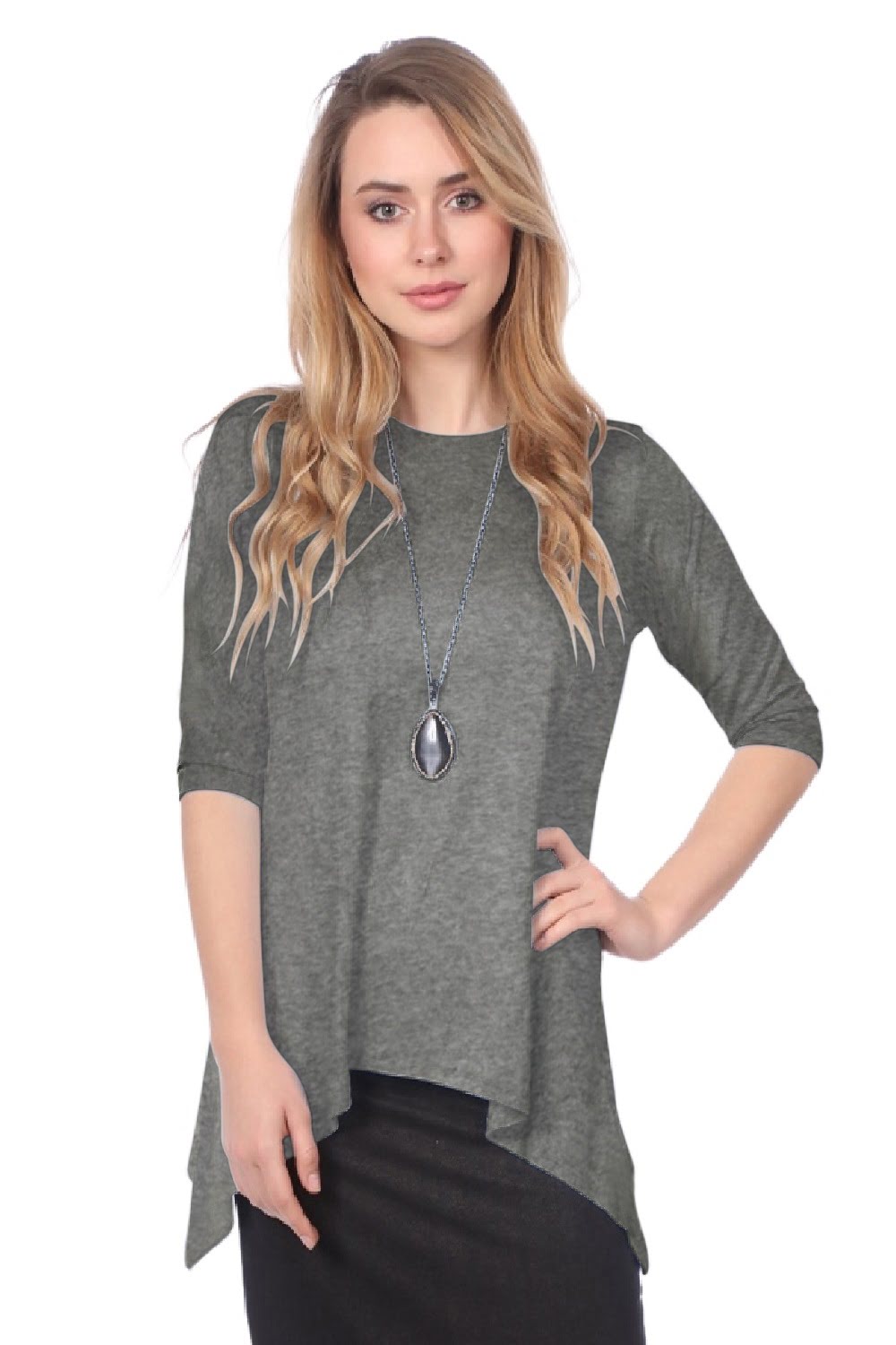 Modest Handkerchief Tunic Top - 3/4 Sleeve Comfort Flow Design - Solid Colors