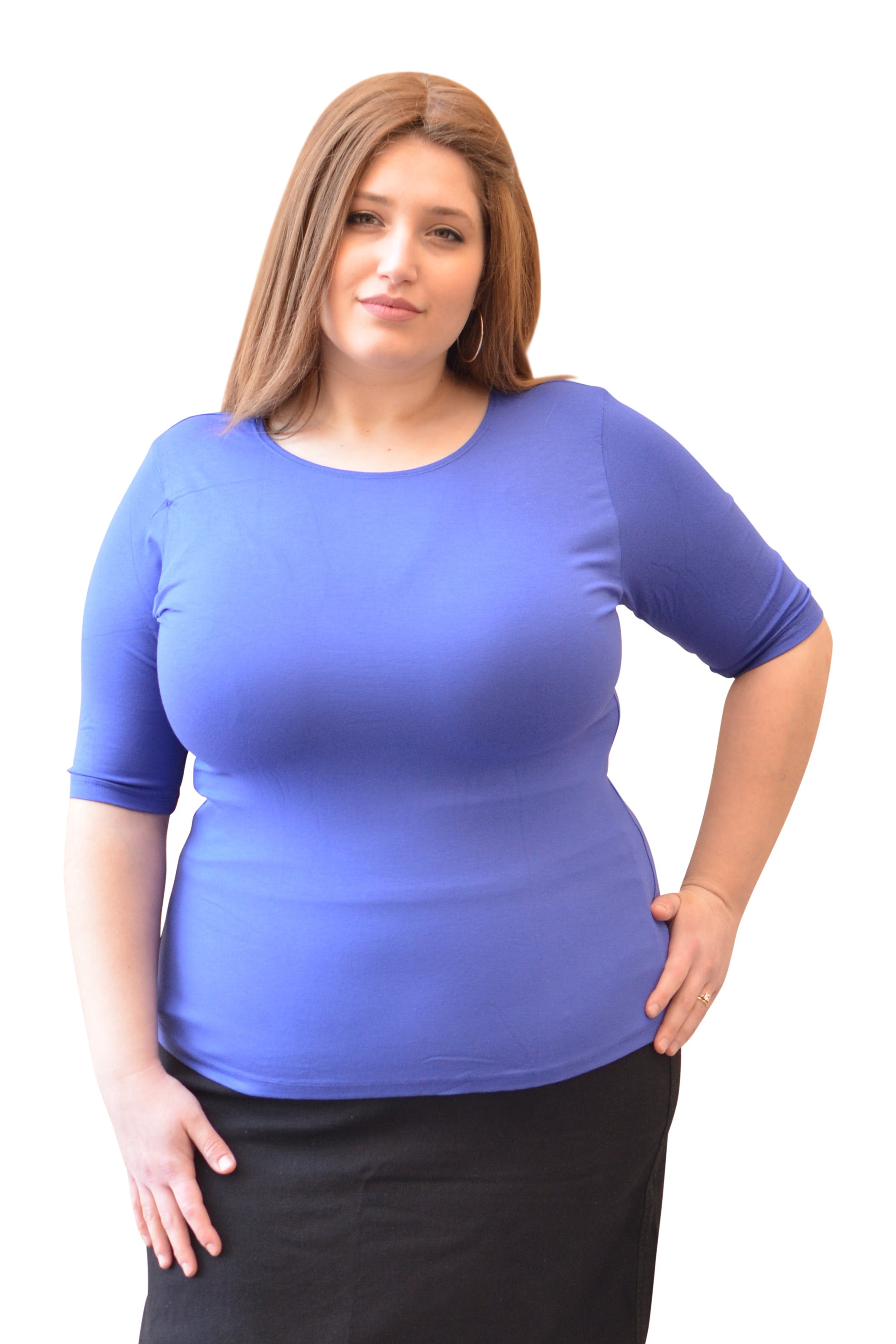 Plus Size Fitted Layering Shell - Modest Round Neck with Elbow Sleeves