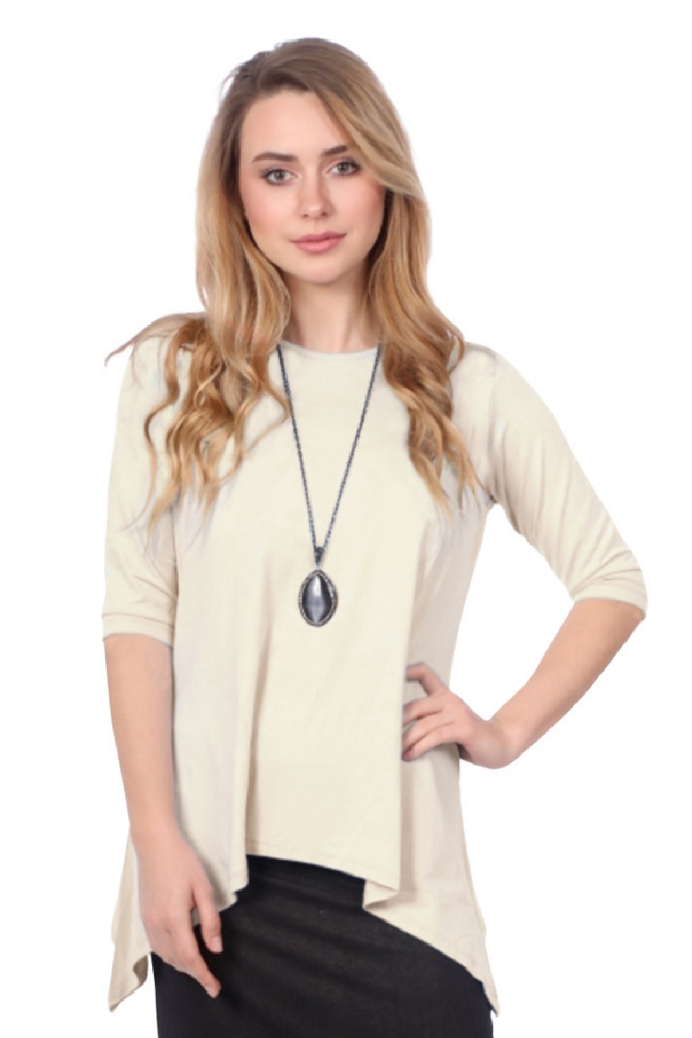 Modest Handkerchief Tunic Top - 3/4 Sleeve Comfort Flow Design - Solid Colors