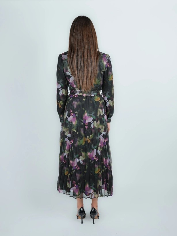 Chiffon Belted Pleated Shirt Dress