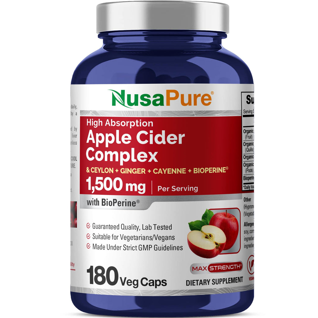 NusaPure Apple Cider Vinegar Complex 1500 mg 180 Veg Caps Suitable for Vegetarians and Vegans, Non-GMO