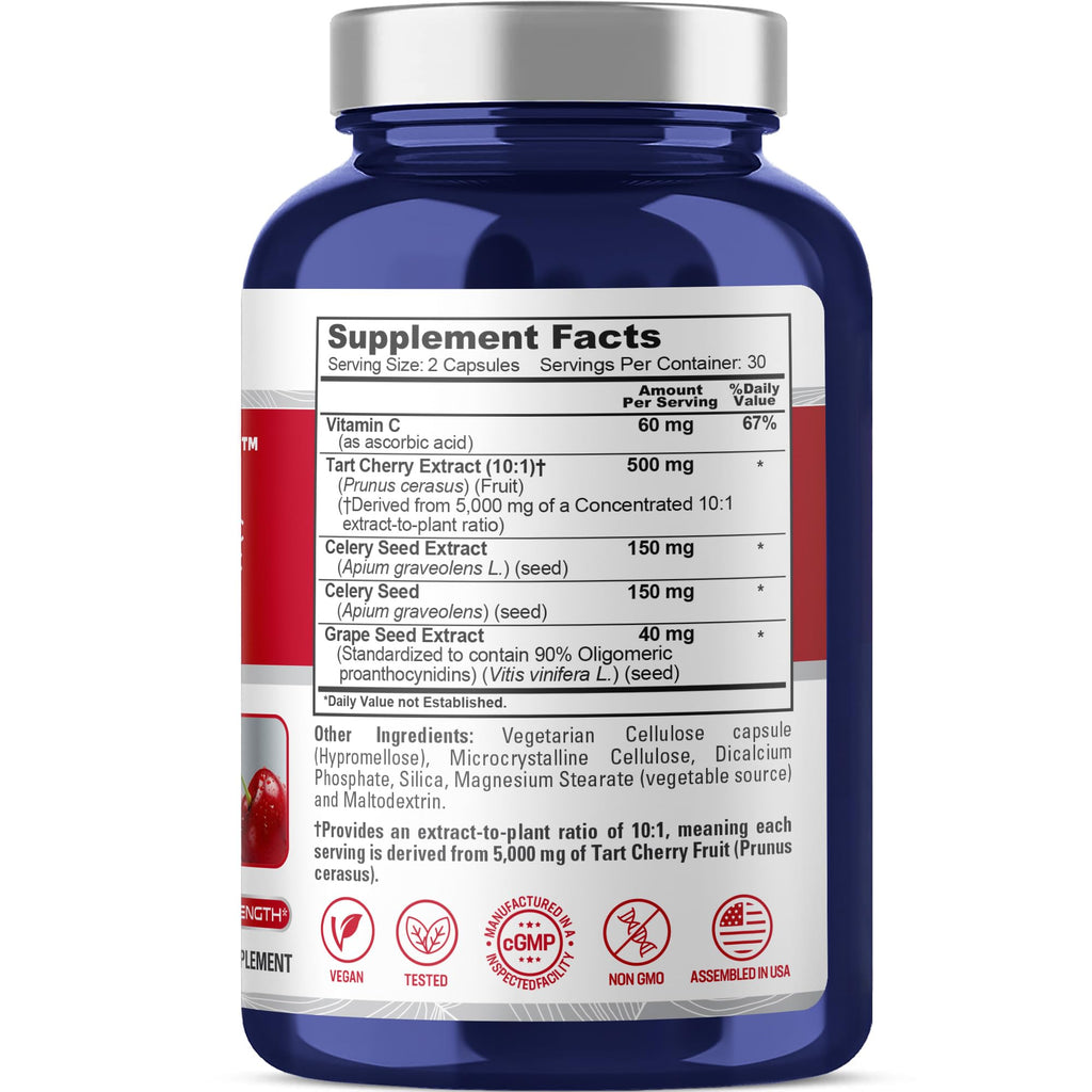 NusaPure CherryClear Tart Cherry 10:1 Extract, 500 mg + Vitamin C + Cherry Seed + Grape Seed 900mg Per Vegan Caps 60 Count
