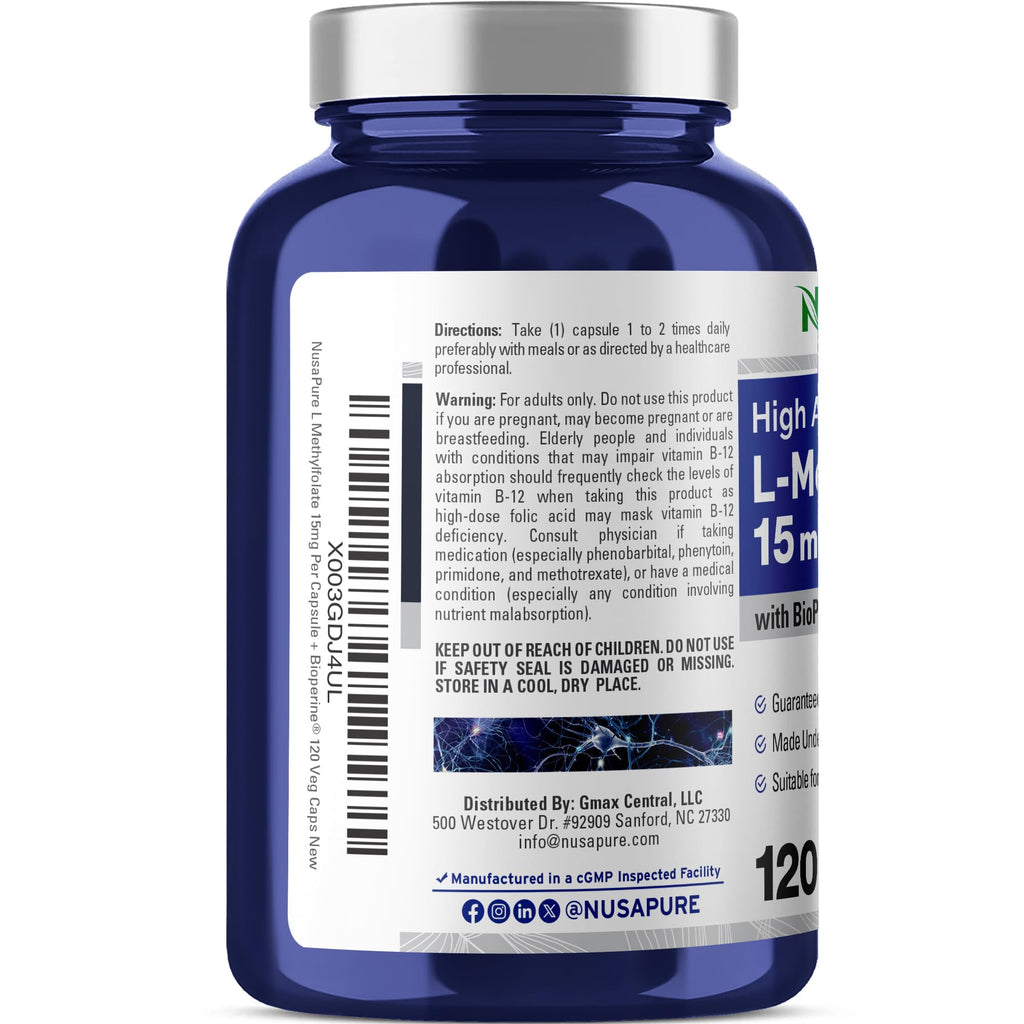 NusaPure L Methylfolate 15mg, 120 Veggie Capsules, Bioperine & Vegan