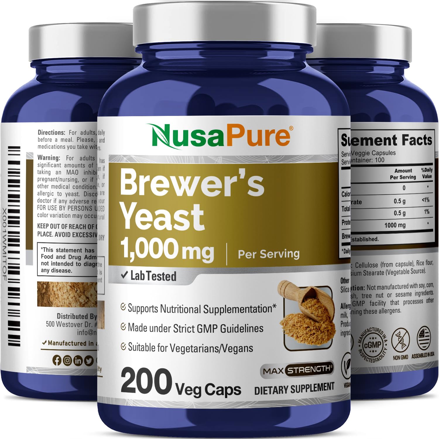 NusaPure Brewer’s Yeast - Suitable for Vegetarian/Vegan, Non - GMO - 1000mg 200 Capsules