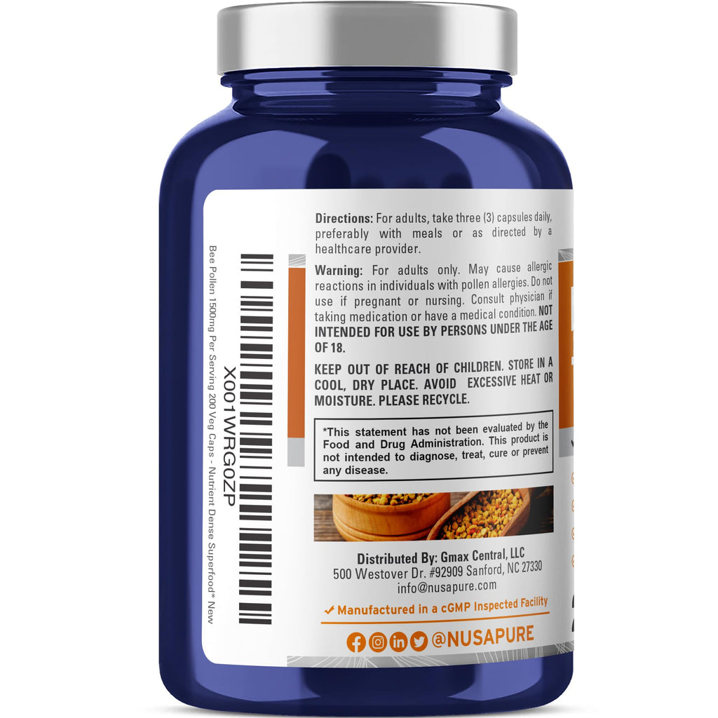 NusaPure Bee Pollen 1500mg 200 Veggie Caps (100% Vegetarian, Non-GMO, Vegan) Naturally Occurring Proteins, Aminoacids